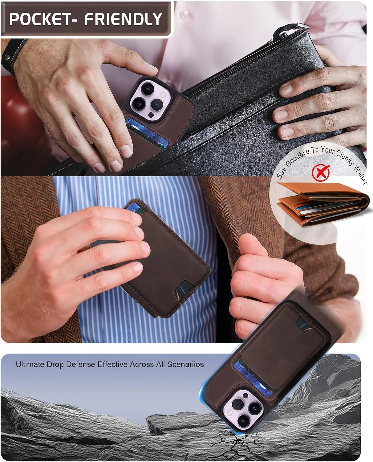 Magnetic Detachable Wallet Case for iPhone 15 with Kickstand,2-in-1 MagSafe Compatible RFID Blocking Card Holder,Slim PU Leather Cover Vintage Brown