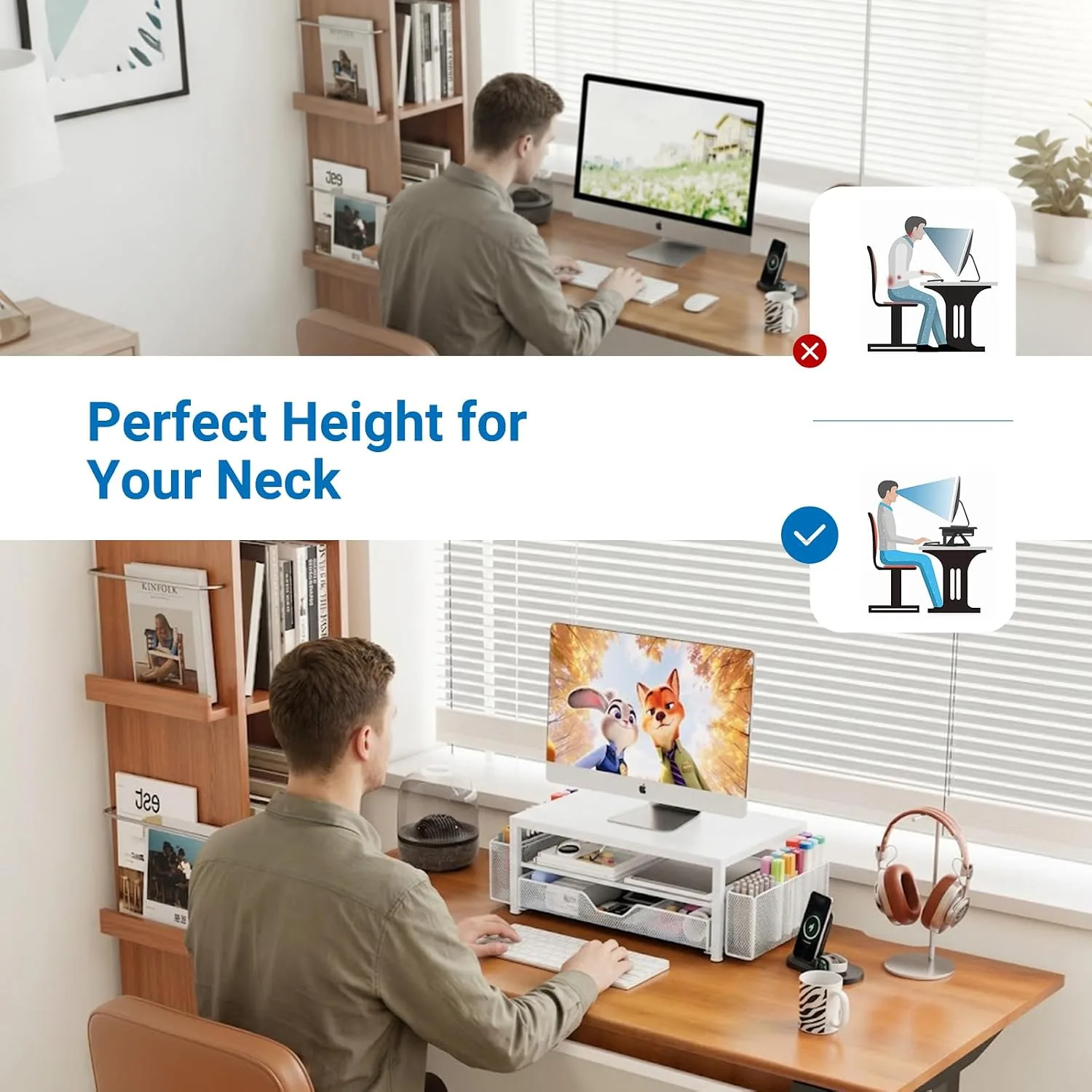 OPNICE Desk Organizer, Monitor Stand Riser with Drawer and 2 Pen Holders