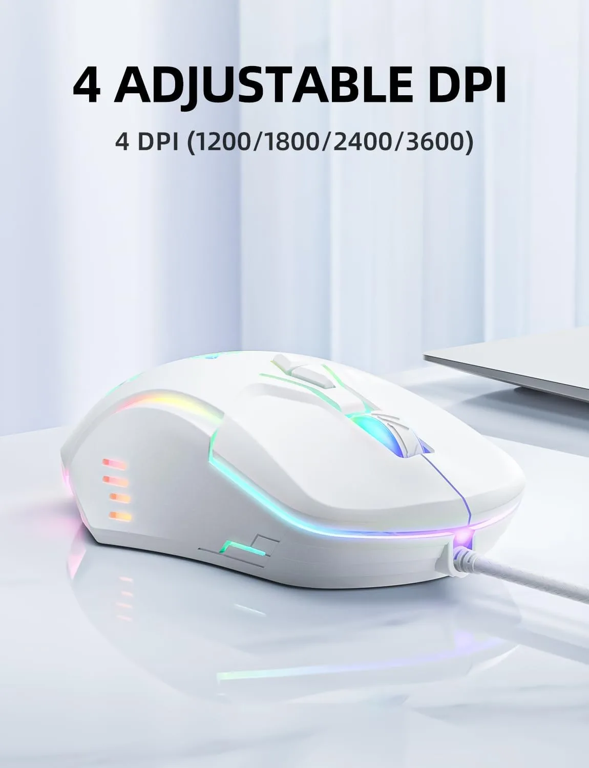 Wired PC Gaming Mouse: High Precision Sensor,RGB Backlit, Adjustable DPI, 7 Buttons Programmable,Ergonomic mice for Office & Gaming on Windows/Mac/Linux/Chrome-White
