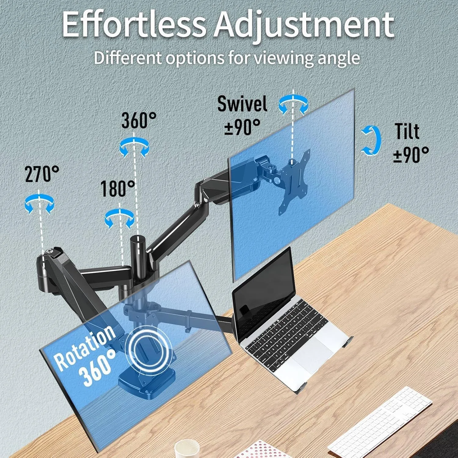 MOUNTUP Dual Monitor and Laptop Mount, Adjustable Monitor Stand for 2 Max 27" Computer Screens, Laptop Tray Fits 10-17inch Notebook, Holds 4.4-17.6lbs Per Arm, 3-in-1 Adjustable Monitor Desk Mount
