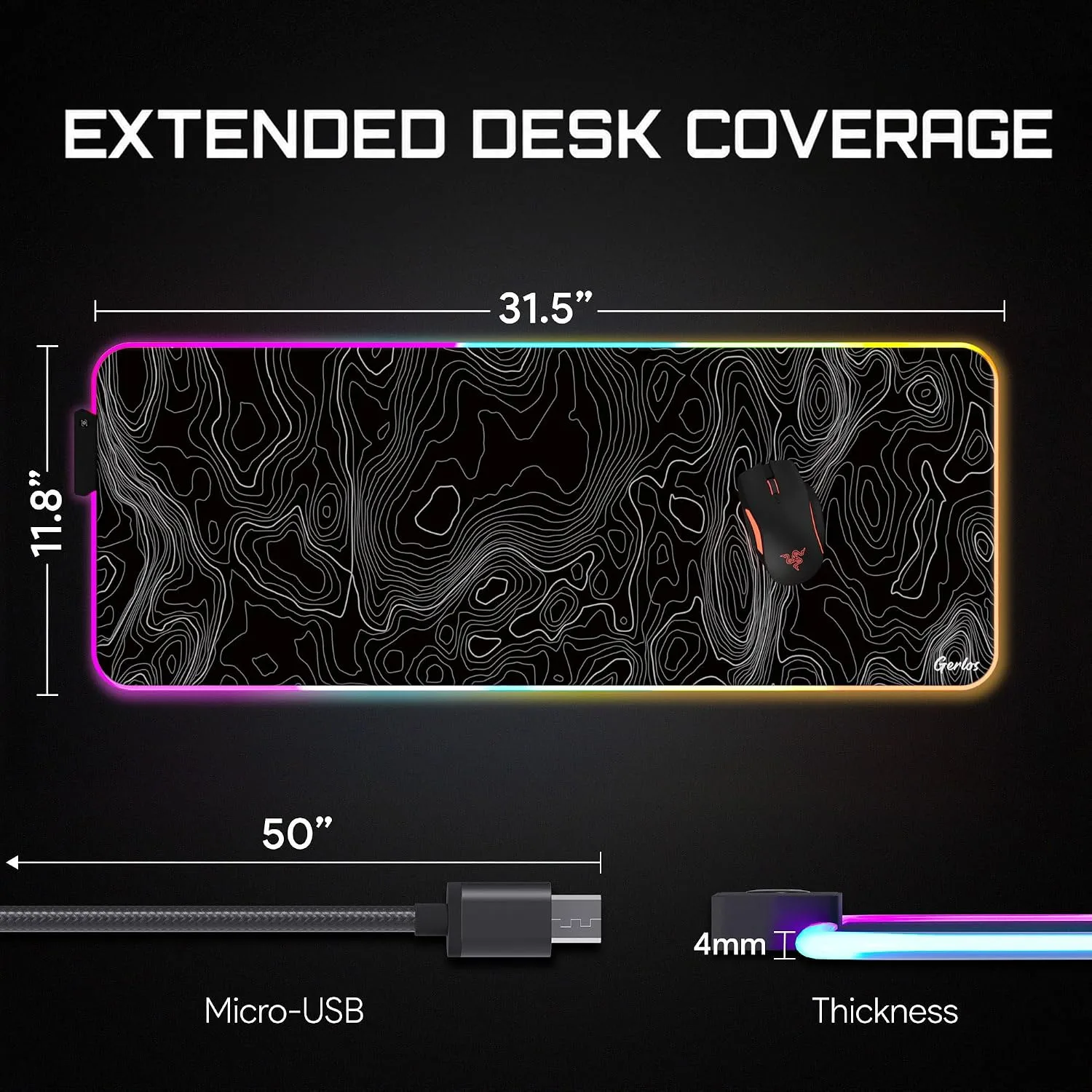 Gerlos RGB Gaming Mouse Pad, Large LED Mouse Pad for Gamer, 31.5" x 11.8"