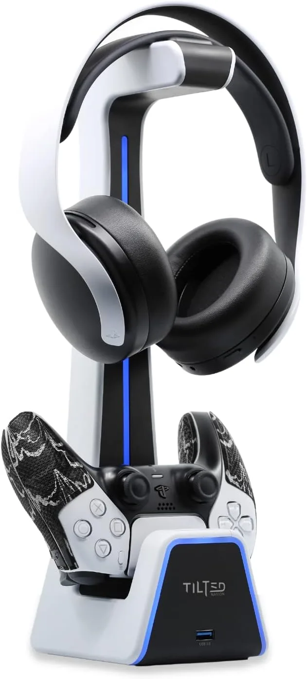 Tilted Nation Gaming Headset and Controller Stand | Premium PS5 Accessories (Clean Space with Charging Station) Headphone and Controller Holder for Desk, PlayStation 5, Xbox Game,