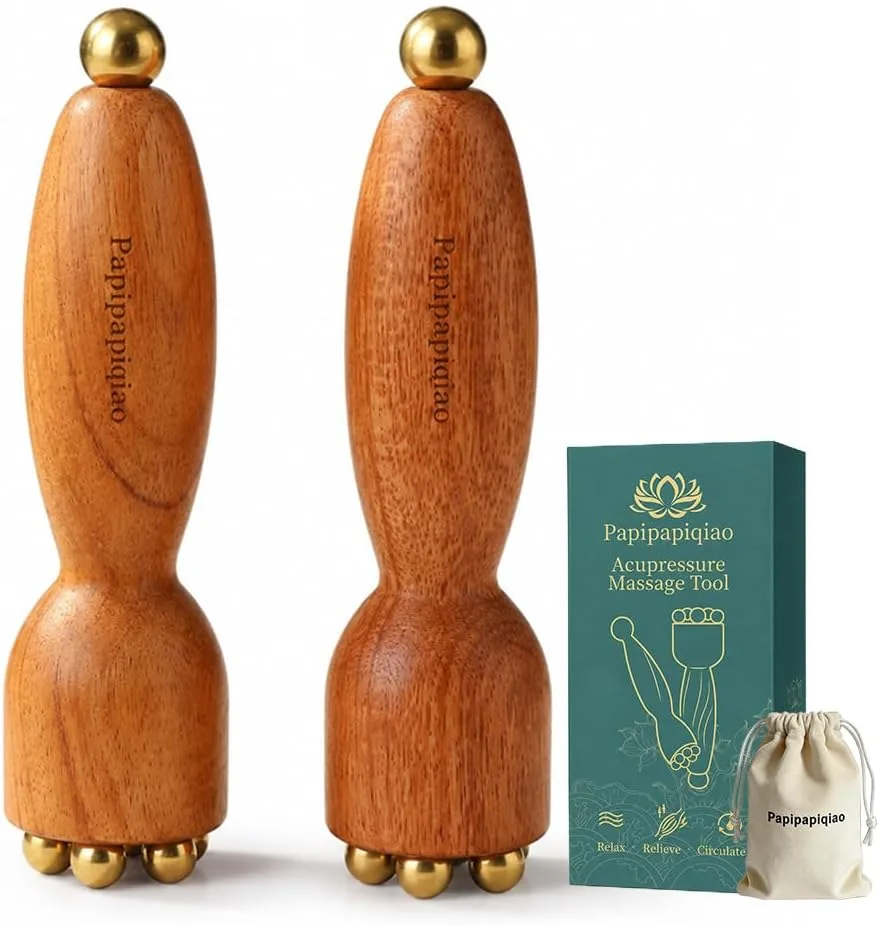 2 Pcs H65 Brass Face Massage Sticks with Rosewood Handles, Eye Rollers