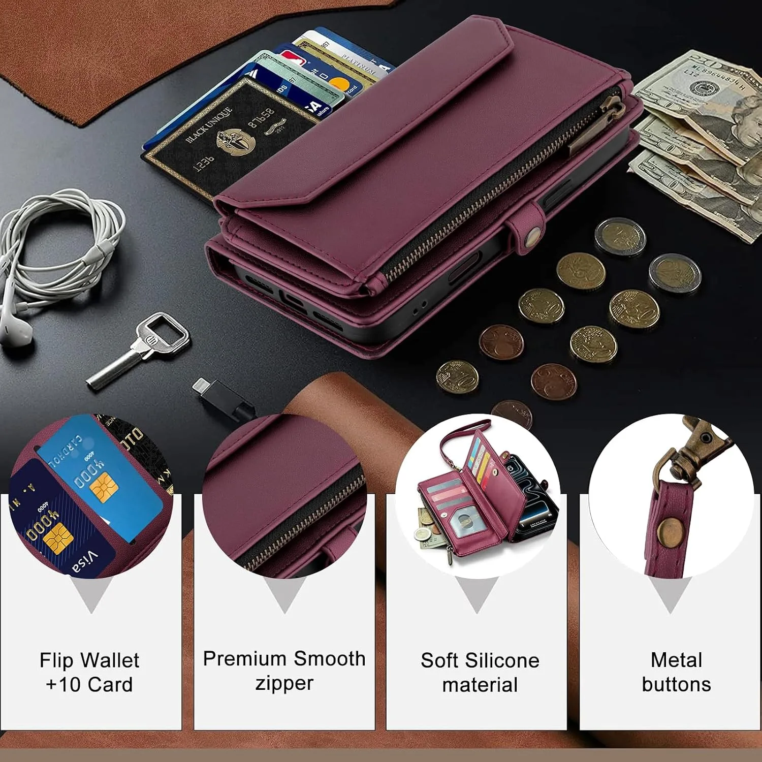 Wallet Phone Case for iPhone 17 Pro Max/18 Pro Max,Deep Wine red