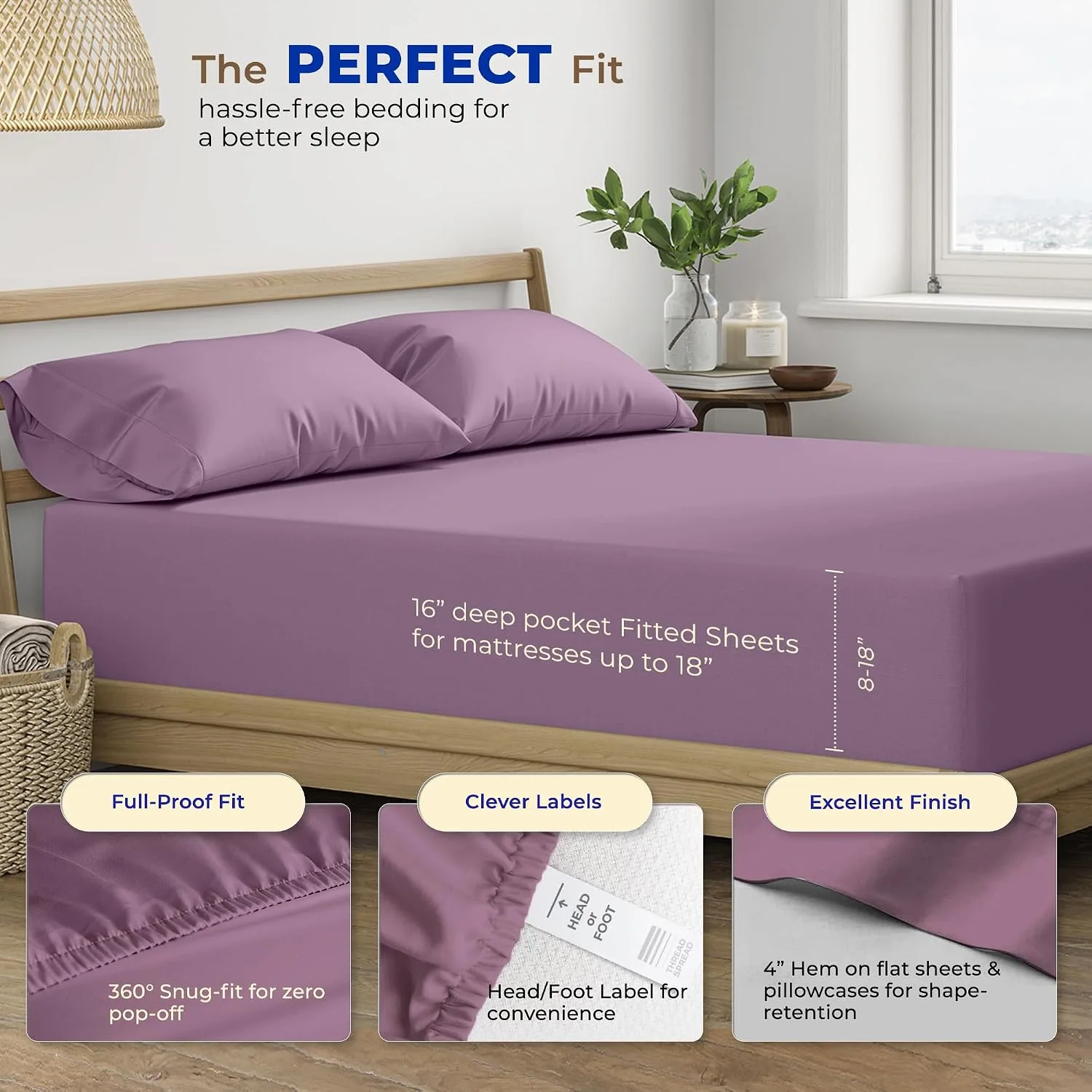 THREAD SPREAD Egyptian Cotton Sheets King Size - Luxury 600 Series King Size Sheets Set (4 PC, Plum), 16" Deep Pocket All Around Elastic, Soft, Cooling, Sateen Weave, Durable Hotel Bed Sheet Sets