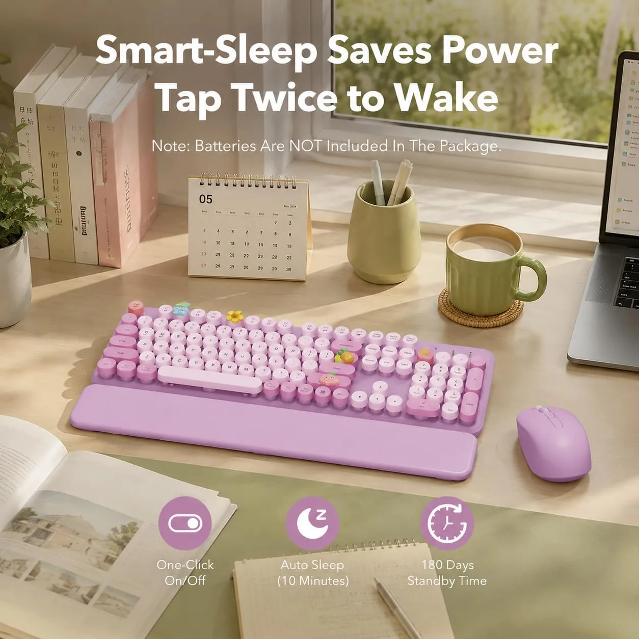 Wireless Keyboard and Mouse, Round Keycaps, Magnetic Wrist Rest, Lilac