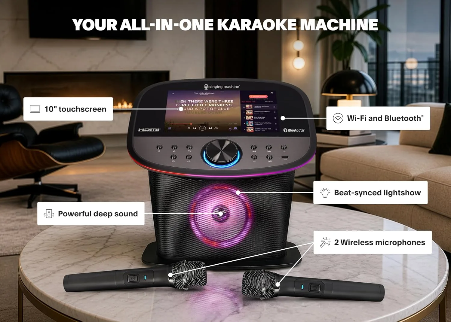 Singing Machine Karaoke Machine Screen, WiFi, Music Apps, 2 Microphones