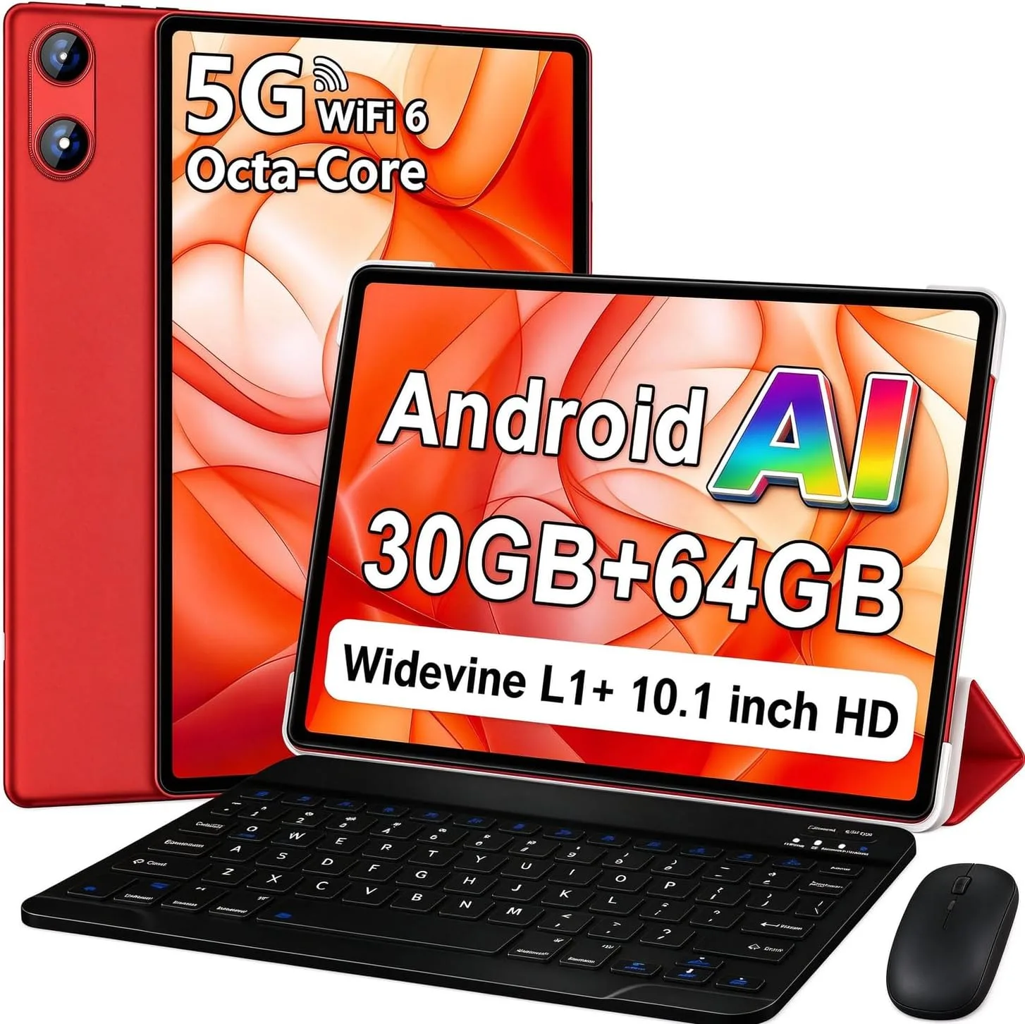 Android Tablet with Keyboard 30GB+64GB+1TB, Tablet 10 Inch Octa-Core Electronics Tablets, Gemini AI, 6000mAh, HD IPS Display, 5G WiFi, Widevine L1, Split Screen - Red