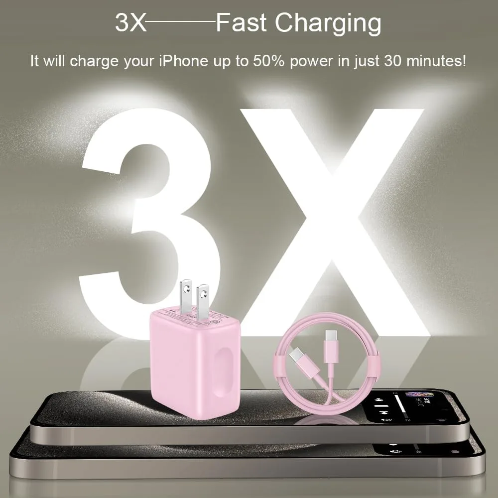 iPhone Duo Charger, iPhone 18 17 16 15 Charger Fast Charging 12FT-Pink