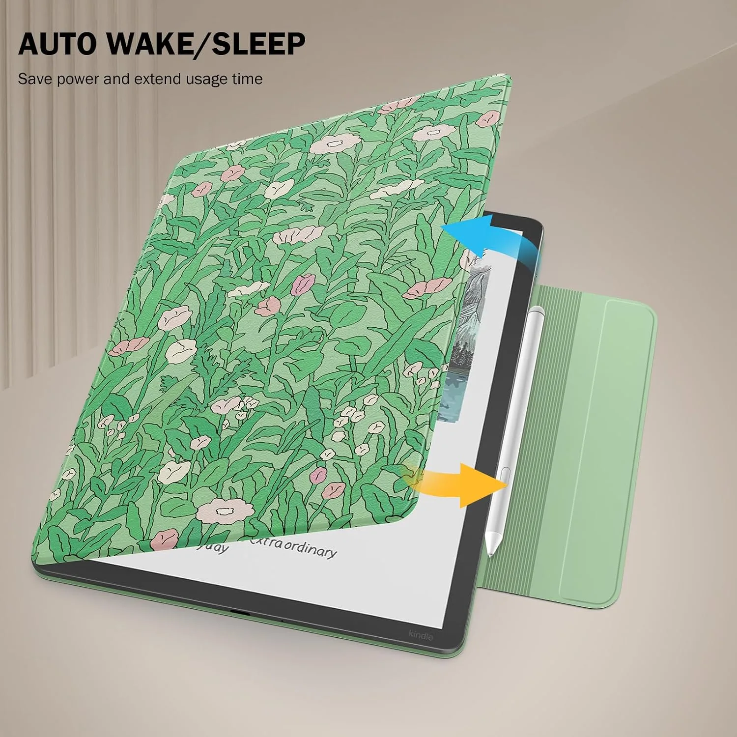 MoKo Magnetic Case for 11" Kindle Scribe 3rd & Colorsoft 1st, Green Flower