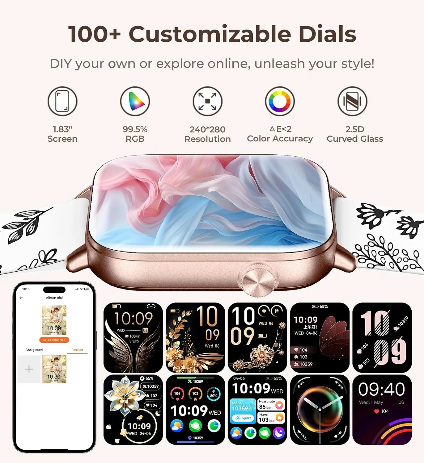 Iaret Smart Watch for Women, 1.83" HD Fitness Tracker with 4 Bands, Answer/Make Calls, Heart Rate/Sleep/SpO2/Step Tracking, 100+ Sport Modes, Android/iPhone Compatible Gift (Black Gold)