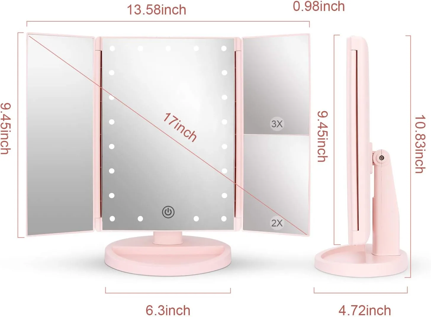 deweisn Tabletop Mount Tri-Fold Lighted Vanity Mirror with 21 LED Lights, Touch Screen and 3X/2X/1X Magnification, Two Power Supply Modes Make Up Mirror,Travel Mirror