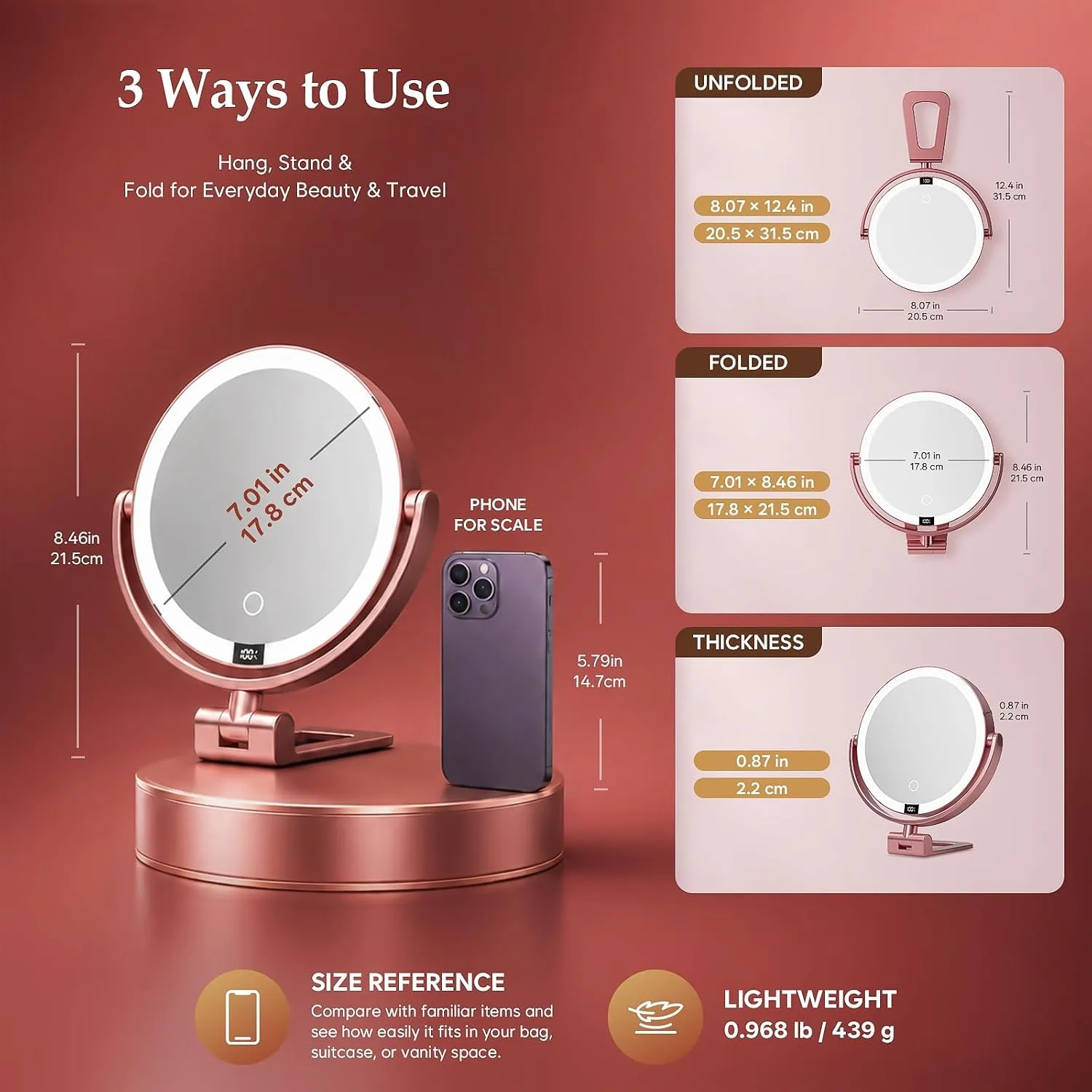1X/30X Makeup Mirror with Lights, Magnifying Mirror (Rose Gold)
