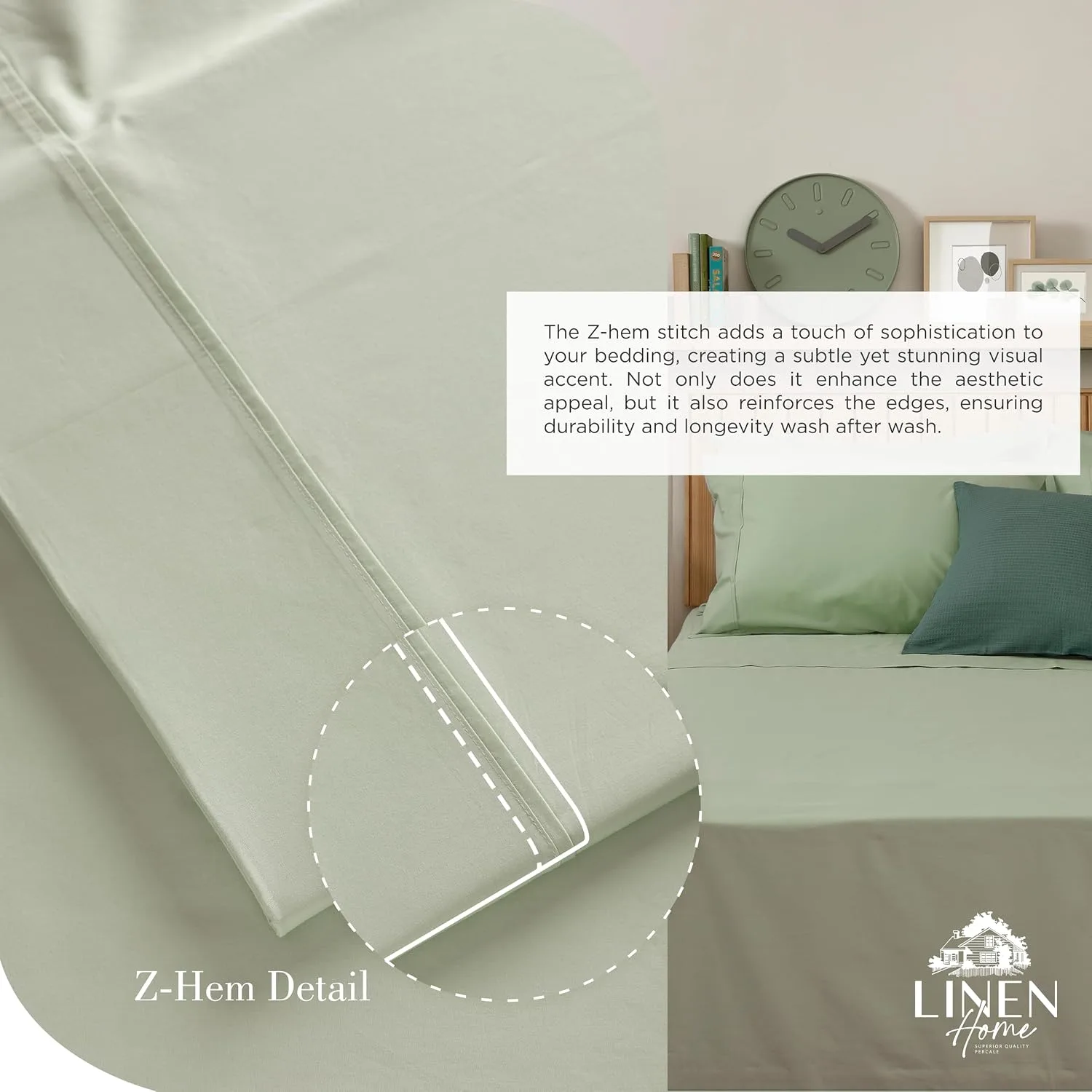 Linen Home King Sheets 100% Cotton Percale, 4 Pc Cooling Set - Sage
