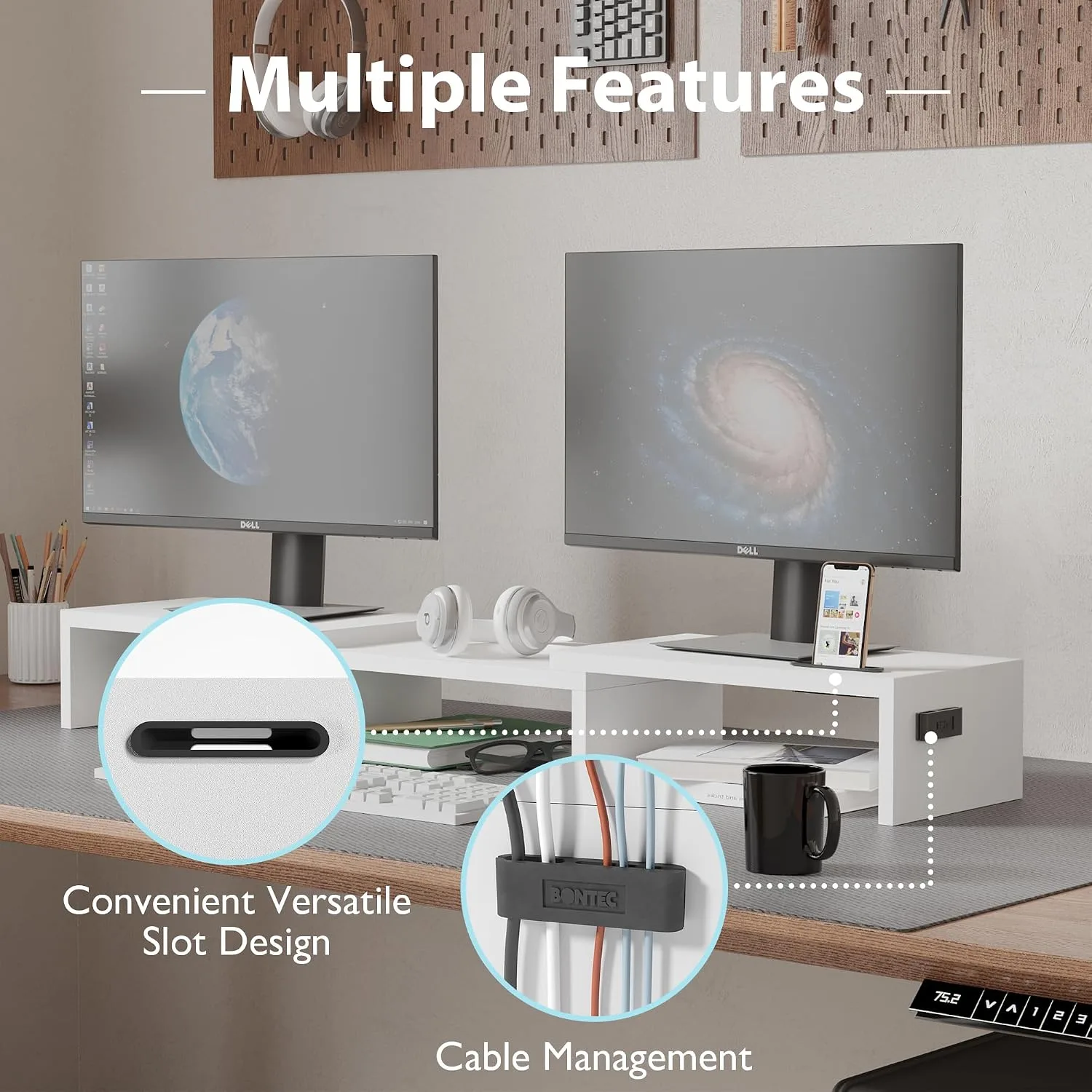 BONTEC Dual Monitor Stand Riser, Adjustable Length & Swivel Angle, White
