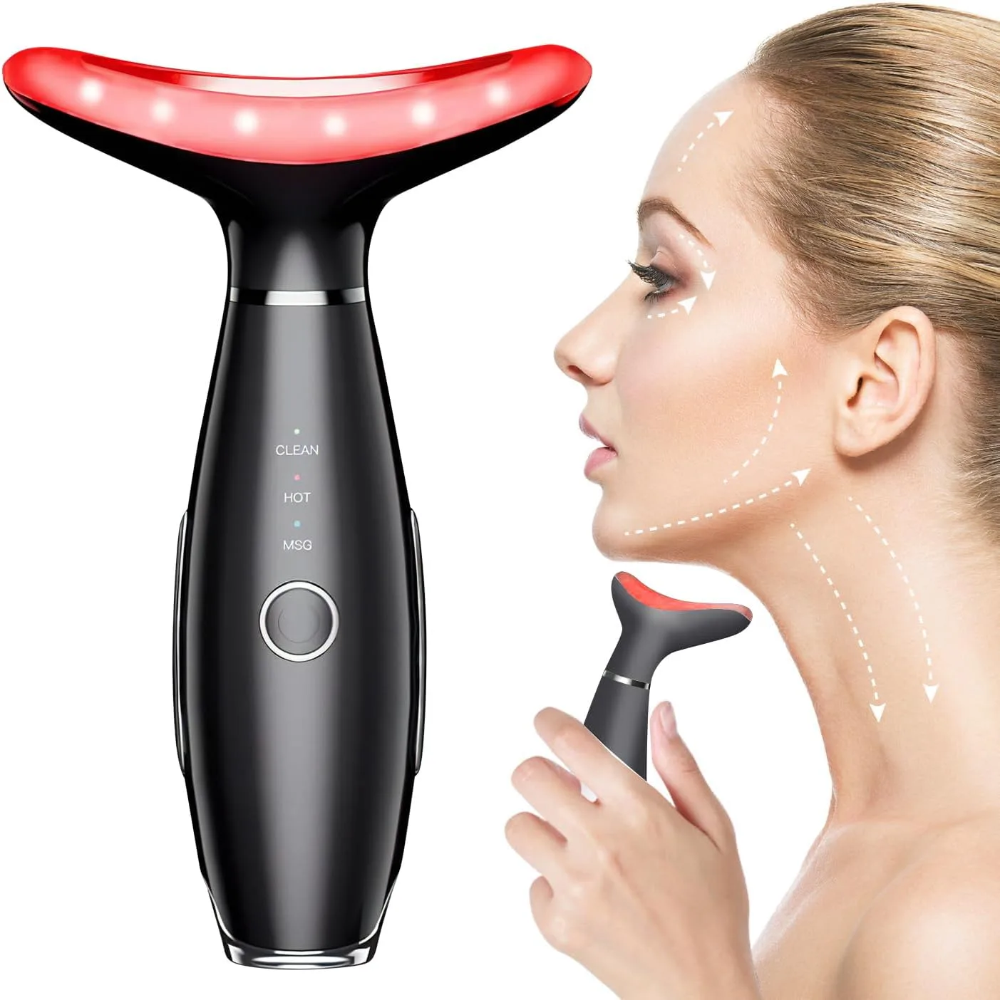 Face Massager -7 Color Red-Light-Therapy for Face and Neck for Wrinkles, Double Chin, Vibrating Facial Massage (Black)