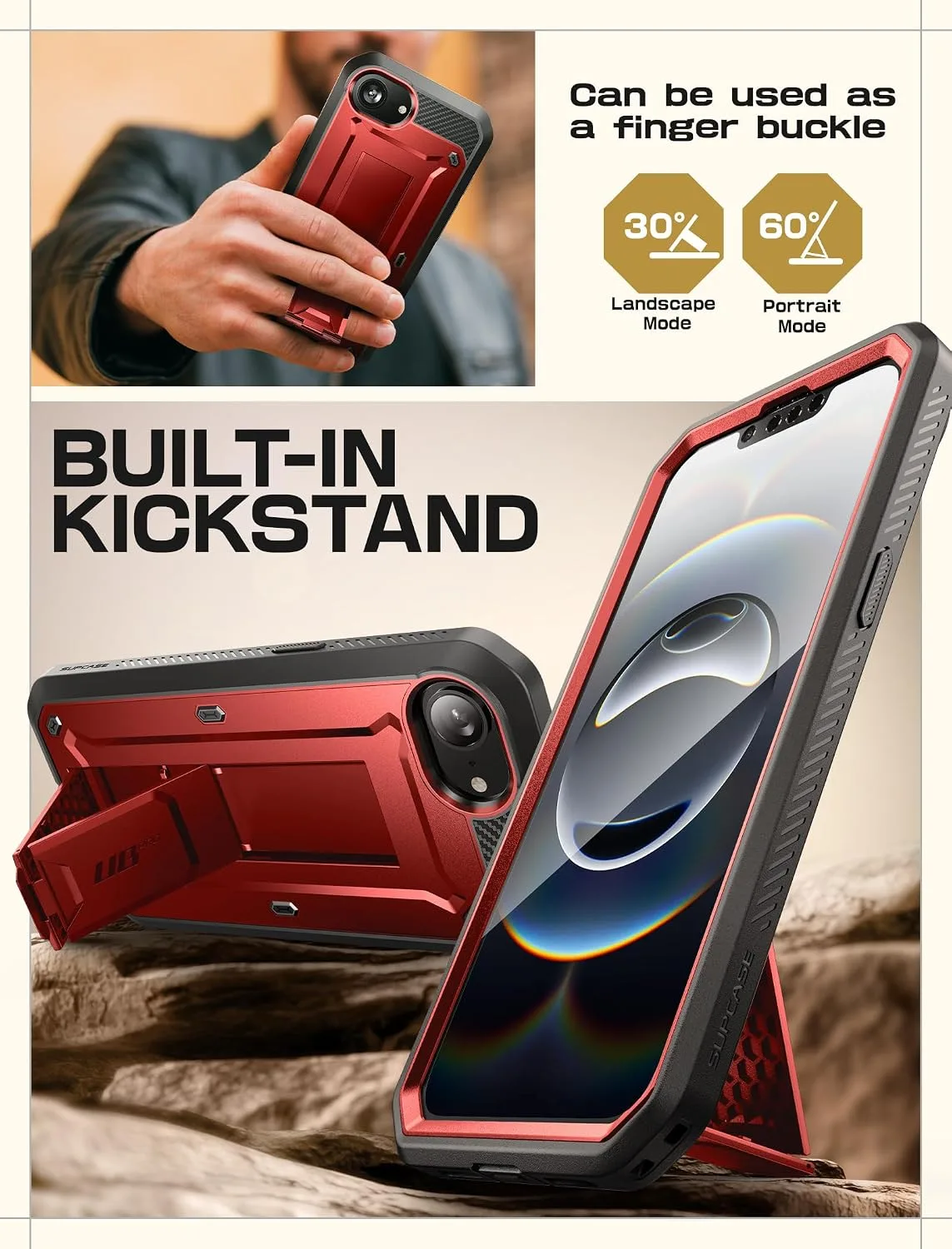 SUPCASE for iPhone 17e/16e Case with Stand & Screen Protector, Red
