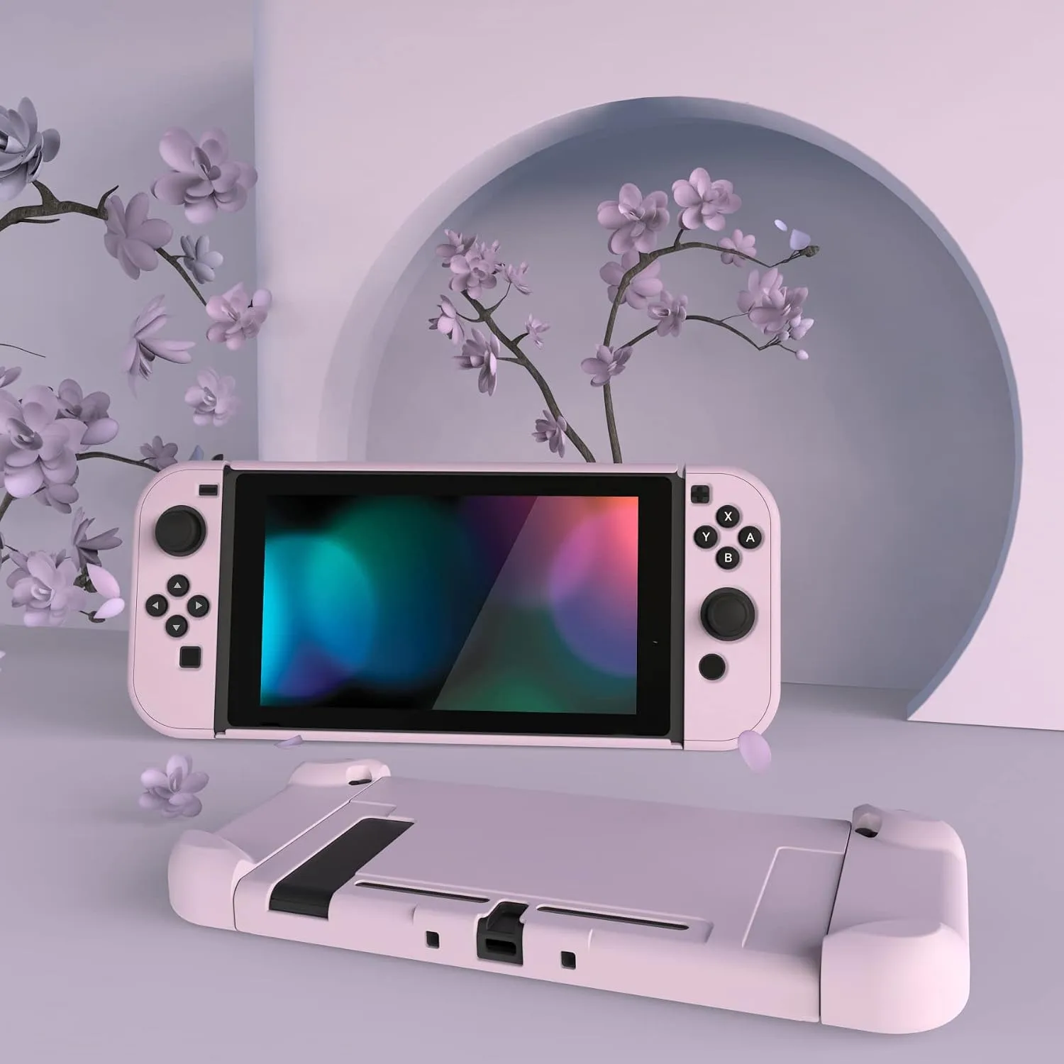 eXtremeRate PlayVital Back Cover for Nintendo Switch Console, NS Joycon Handheld Separable Protector Hard Shell, Dockable Protective Case for Nintendo Switch - Peach Blossom Pink (NOT for Switch 2)