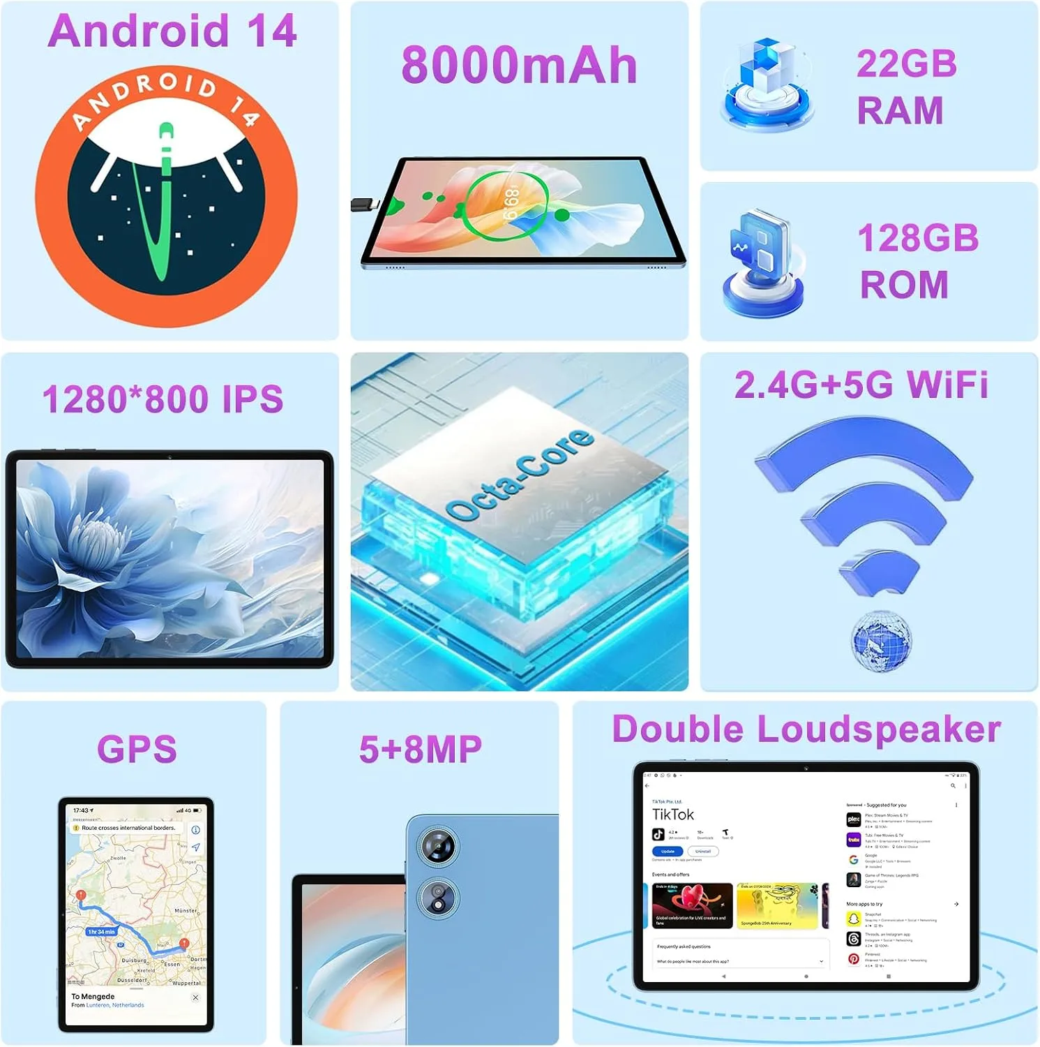 Android Tablet 10 Inch 22GB RAM 128GB ROM 1TB, Android 14 Tablet with Keyboard Mouse, Octa-Core, 8000mAh Battery, HD IPS Display, 5G WiFi, BT 5.0, GPS, Widevine L1, Split Screen - Metal Blue