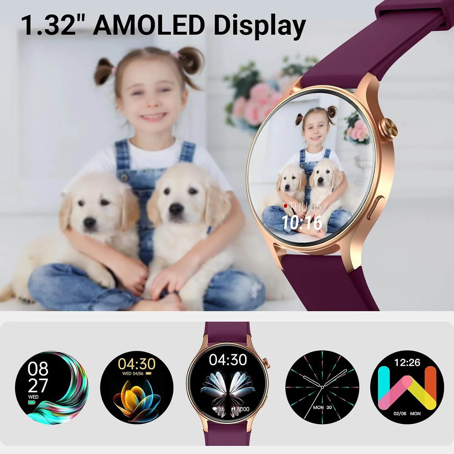 Fitpolo Smart Watch for Women,1.3" AMOLED Fitness Tracker (Burgundy)