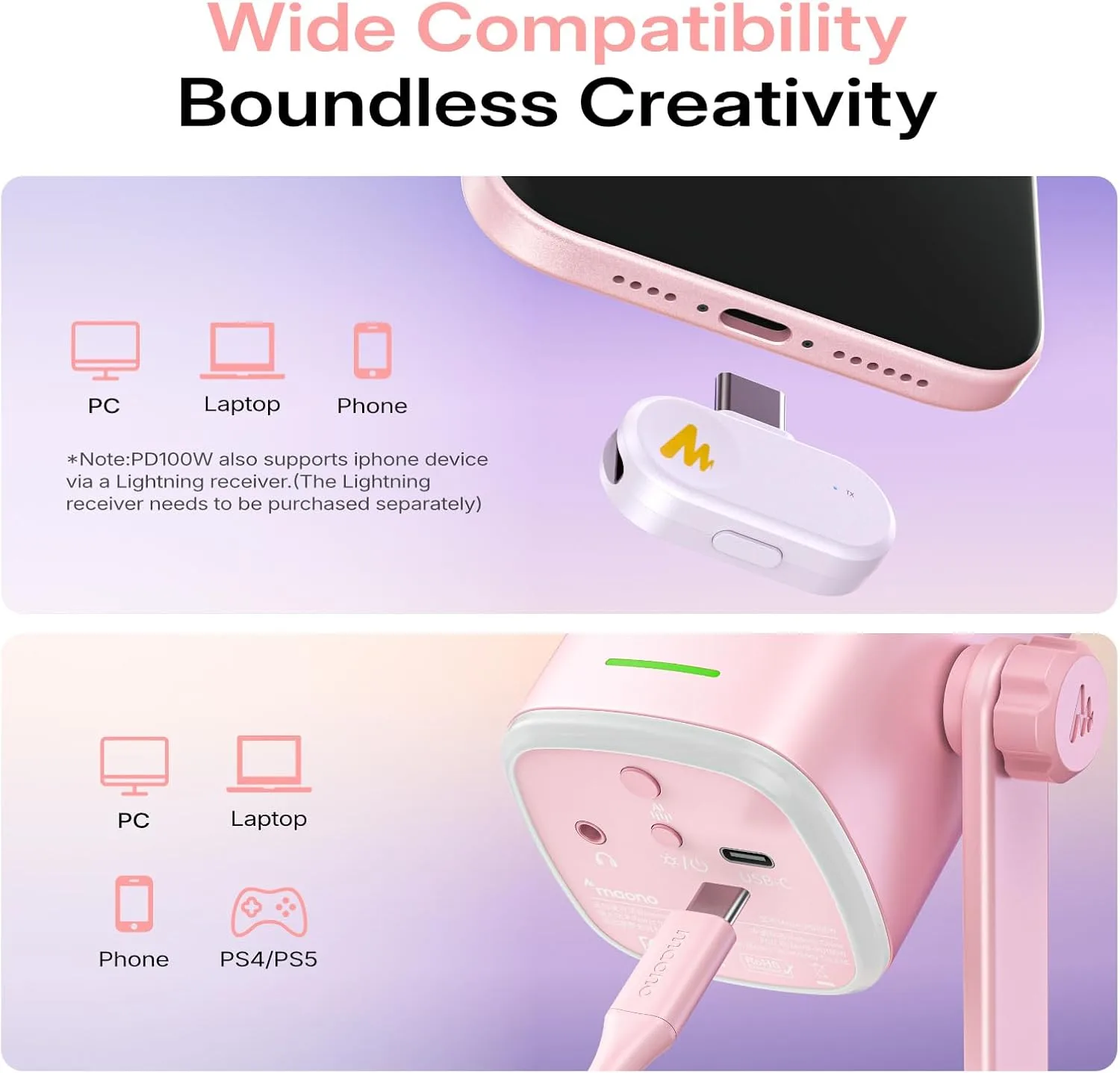MAONO PD100W Wireless Dynamic Gaming Microphone for PC with USB-C Receiver