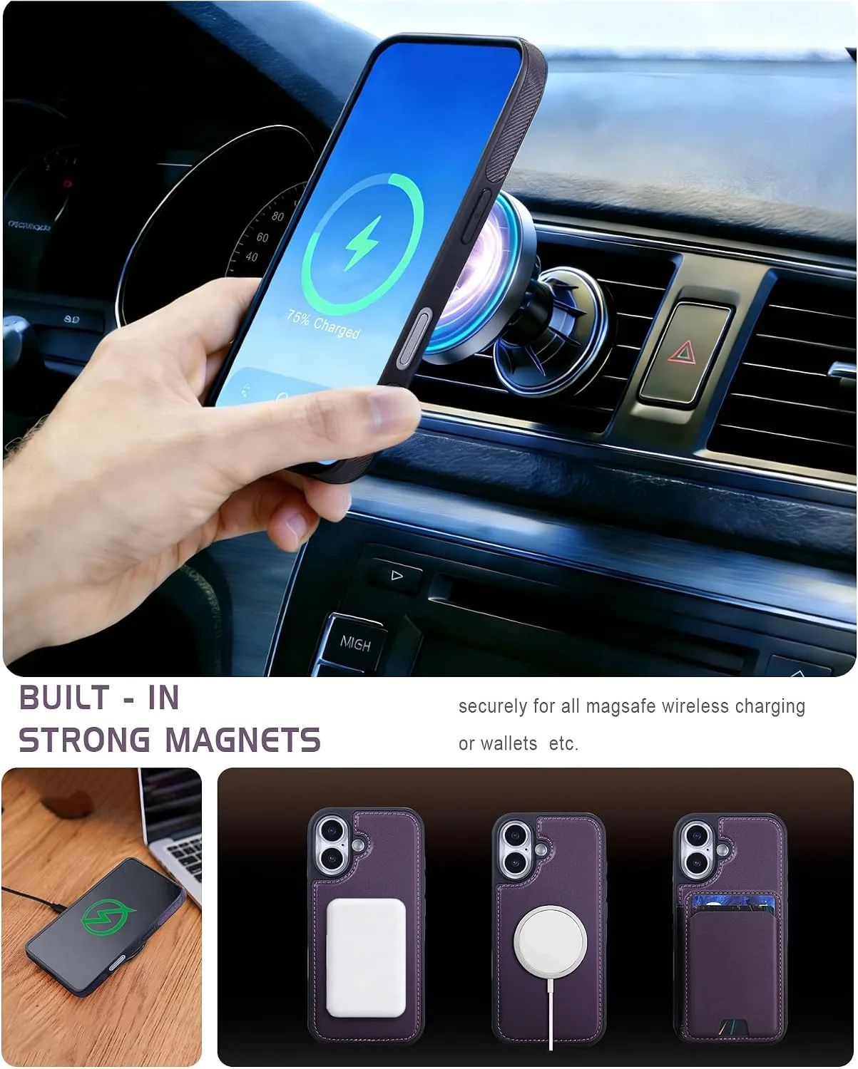 Magnetic Detachable Wallet Case for iPhone 16 with Kickstand,2-in-1 MagSafe Compatible RFID Blocking Card Holder,Slim PU Leather Cover Purple