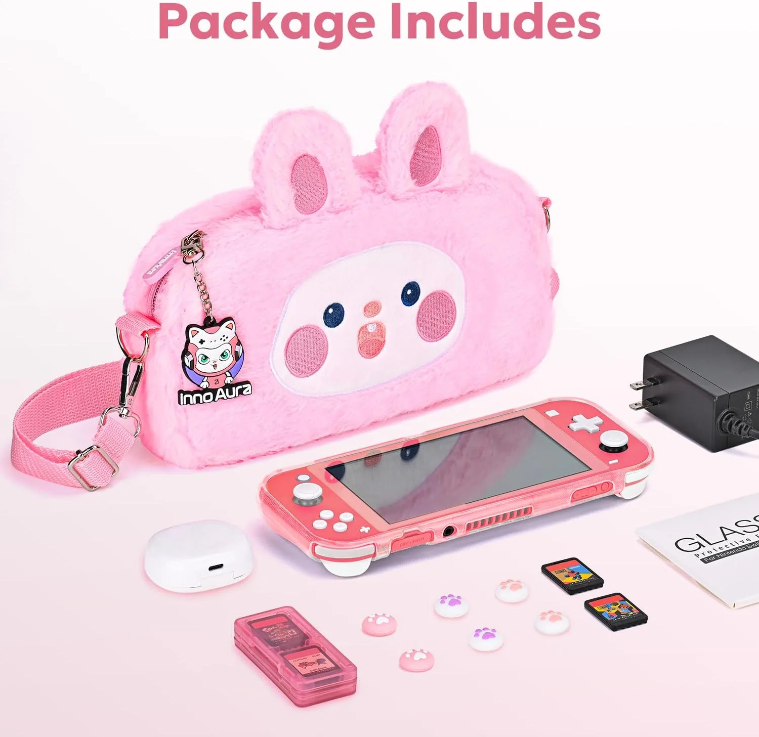 innoAura Switch Lite Case 14-in-1 Accessories Bundle for NS Switch Lite (2019), with Protective Carrying Case, Game Holder, Screen Protector & Cute Thumb Grips, Pink Rabbit Plush Bag