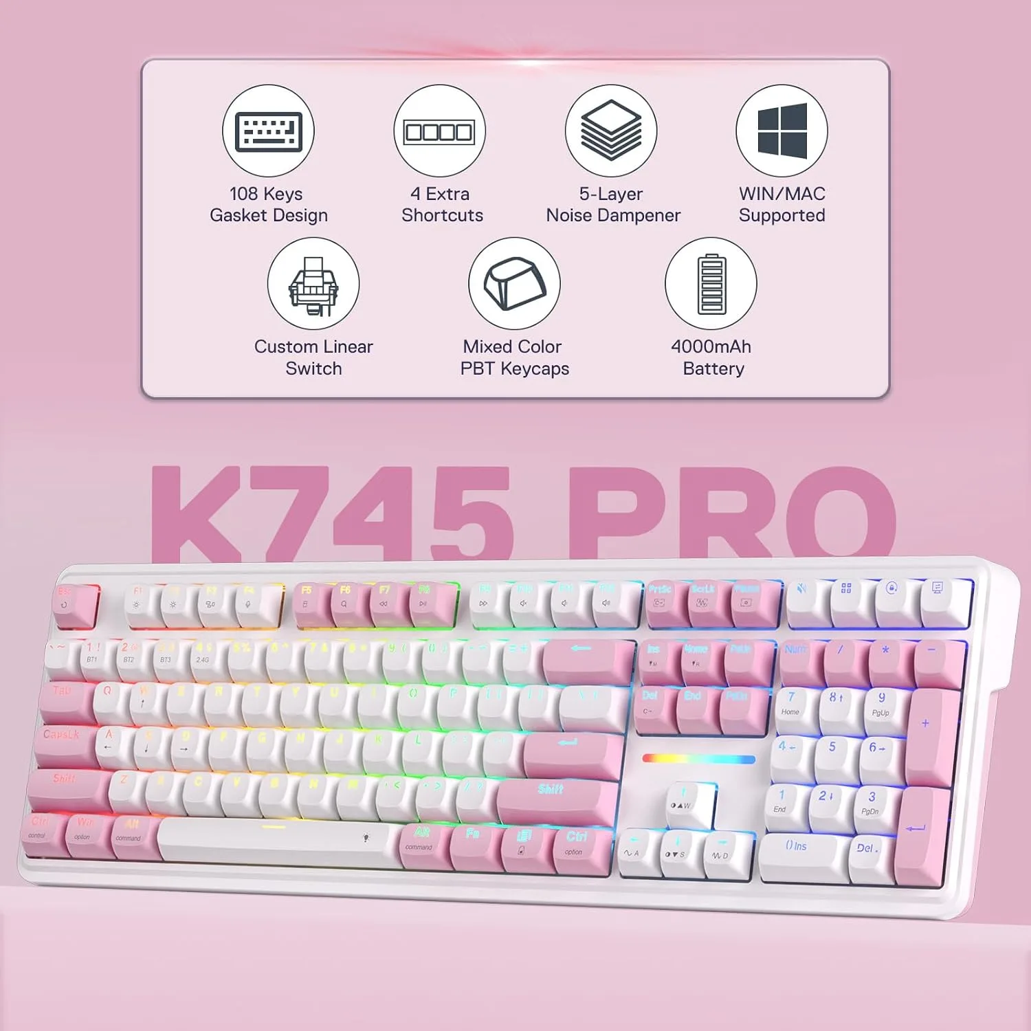 Redragon K745 PRO Wireless 108-Key Gasket RGB Gaming Keyboard, 4 Hotkeys