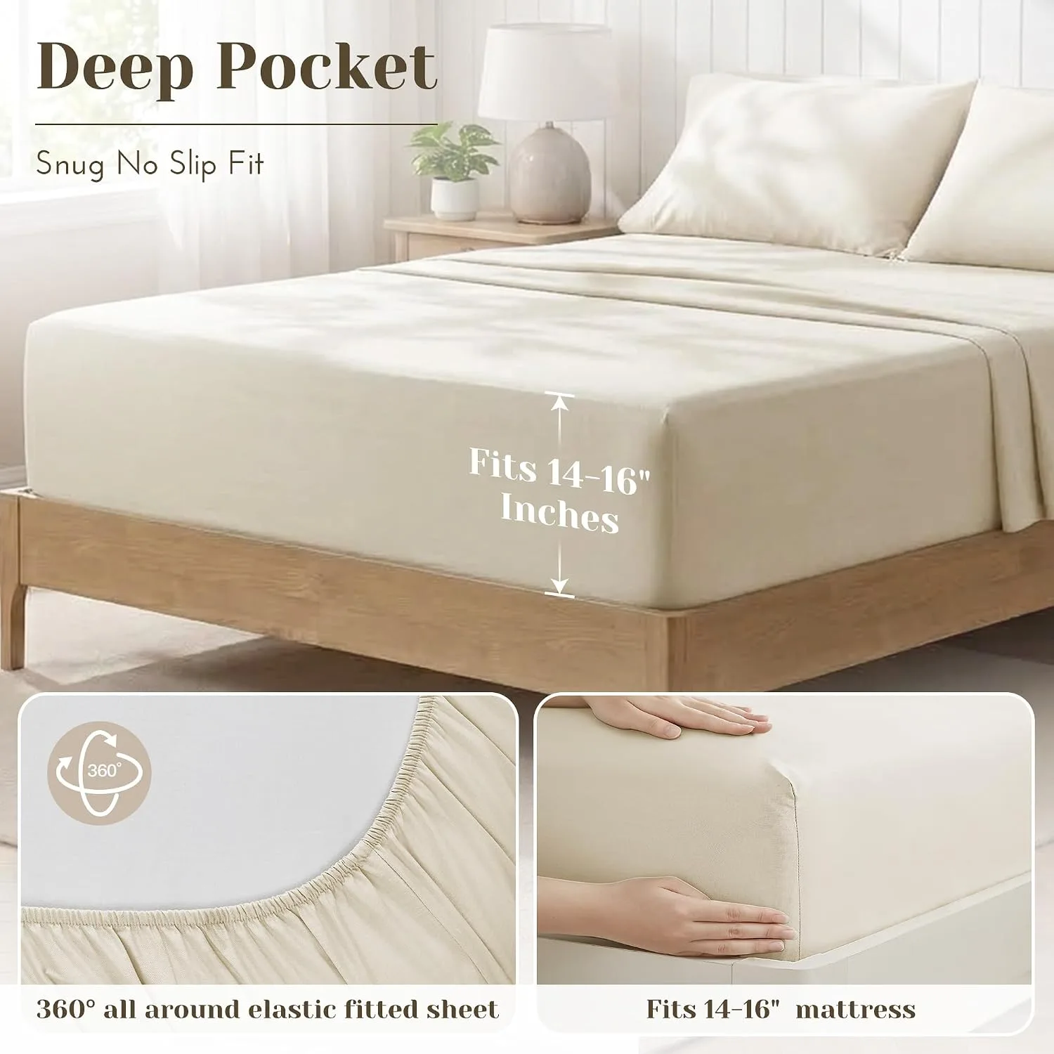 Comfort Spaces 100% Cotton Percale Sheets Queen Sheet Set 4 Pcs, Cream