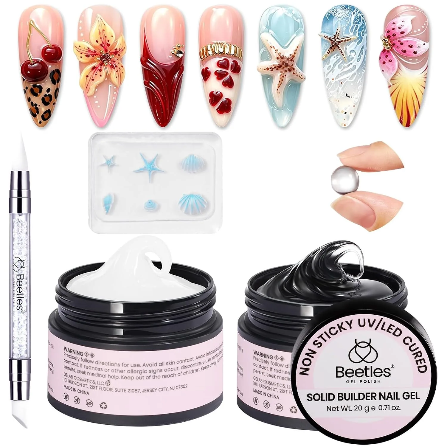 Beetles 3D Gel Nail Art, 2 Pcs Clear & White with Sculpting Pen and 3D Mold