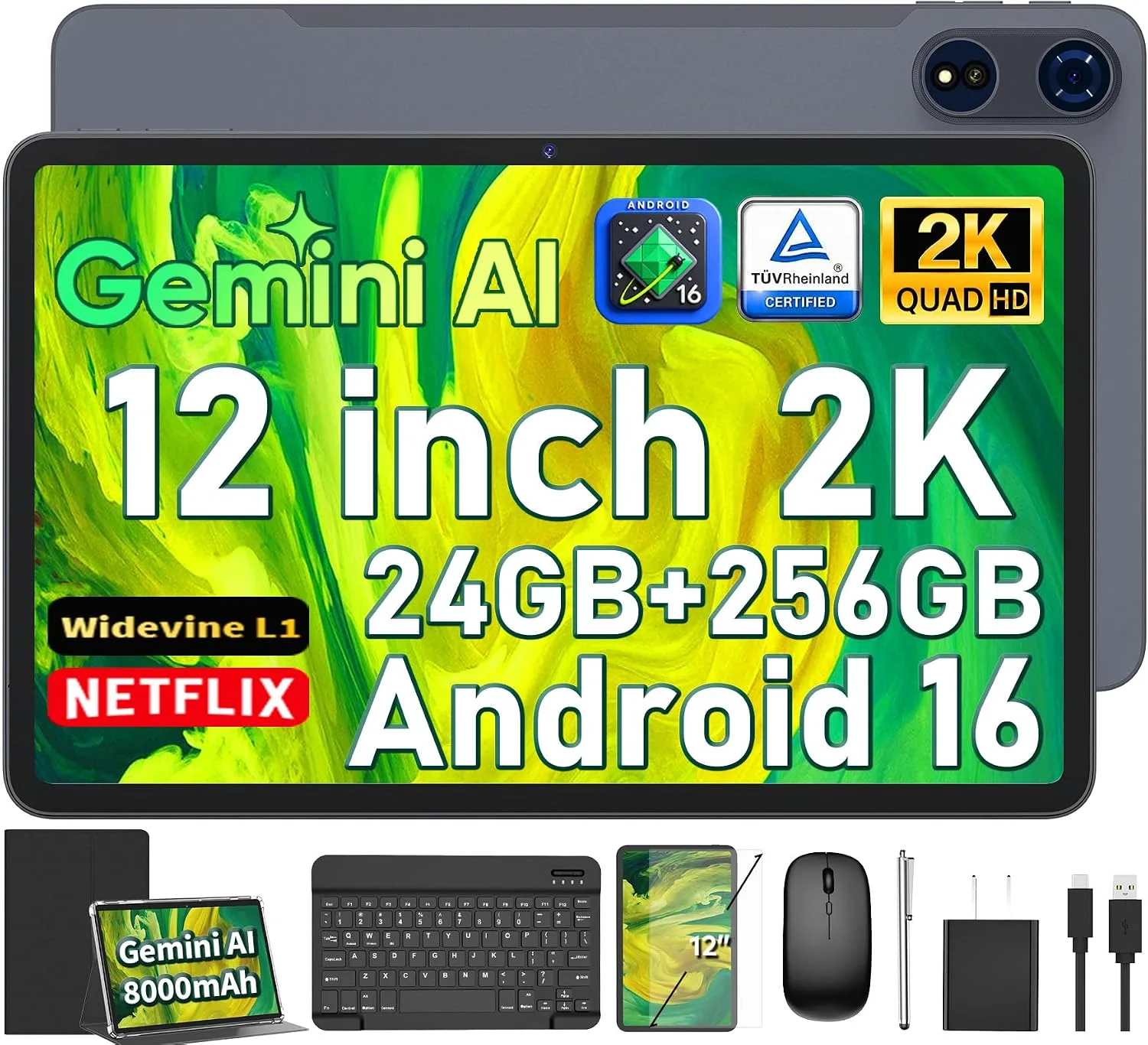Android 16 Tablet with Keyboard - 12 inch Tablet with 26GB+256GB+2TB Expand