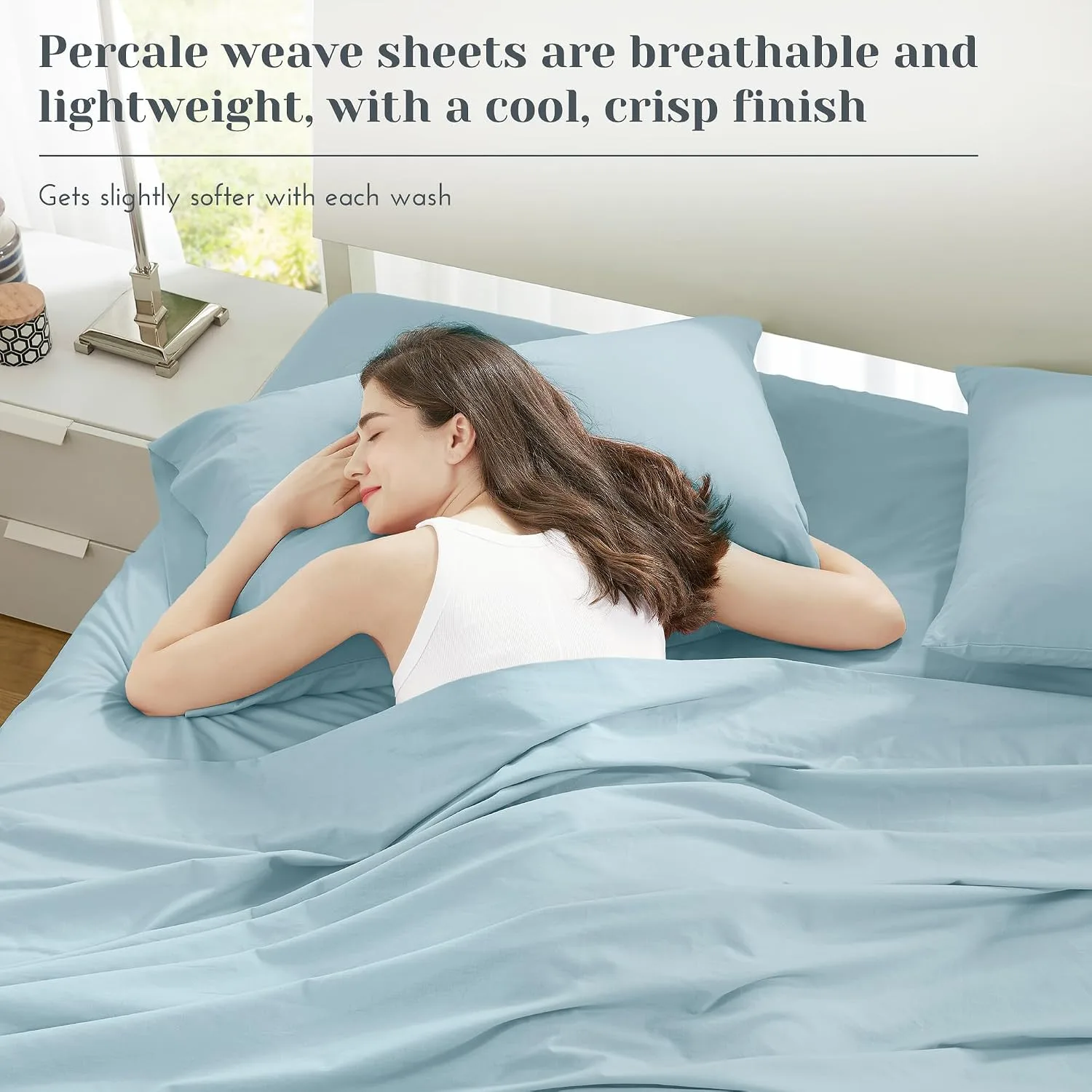 Comfort Spaces 100% Cotton Percale Sheets Queen Sheet Set 4 Pcs, Light Blue