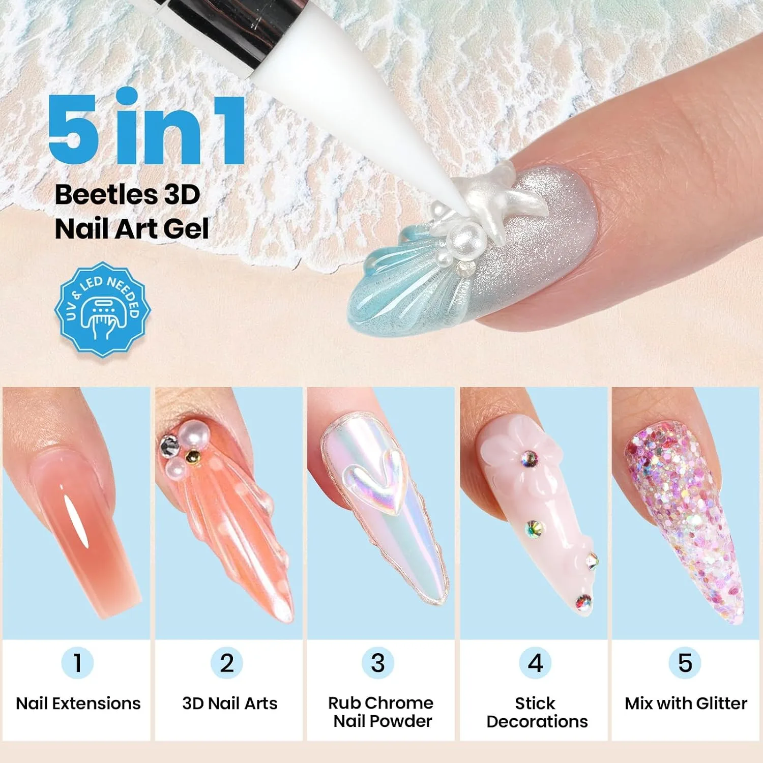 Beetles 3D Gel Nail Art & 3D Mold, 1.06 oz Pearl White with Sculpting Pen