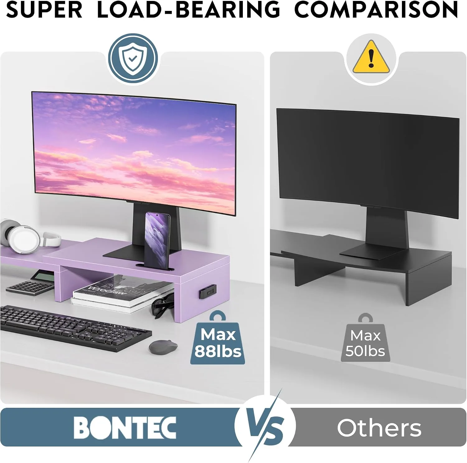 BONTEC Dual Monitor Stand Riser, Adjustable Length & Swivel Angle, Purple