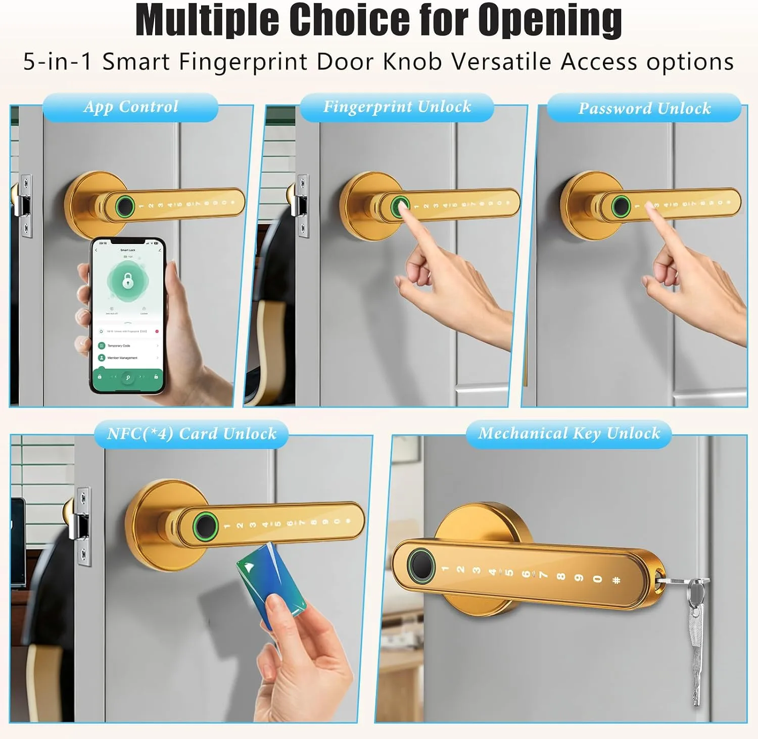 Smart Door Lock with Knob, Keyless Entry Door Locks with Handle, Fingerprint Door Knob for Bedroom/Front Door/Apartment,Generate Passcode Gold