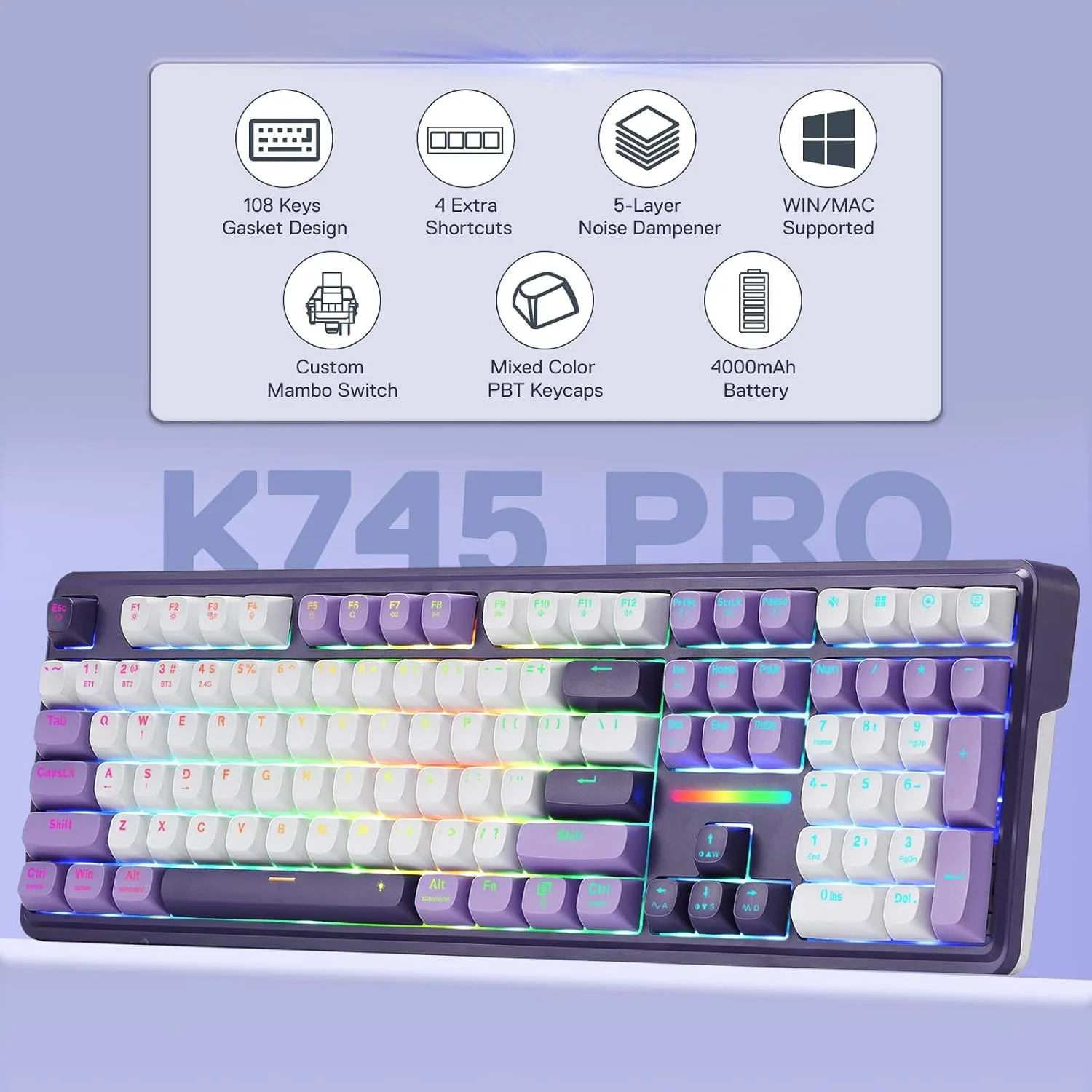 Redragon K745 PRO Wireless 108-Key Gasket RGB Gaming Keyboard, 4 Hotkeys