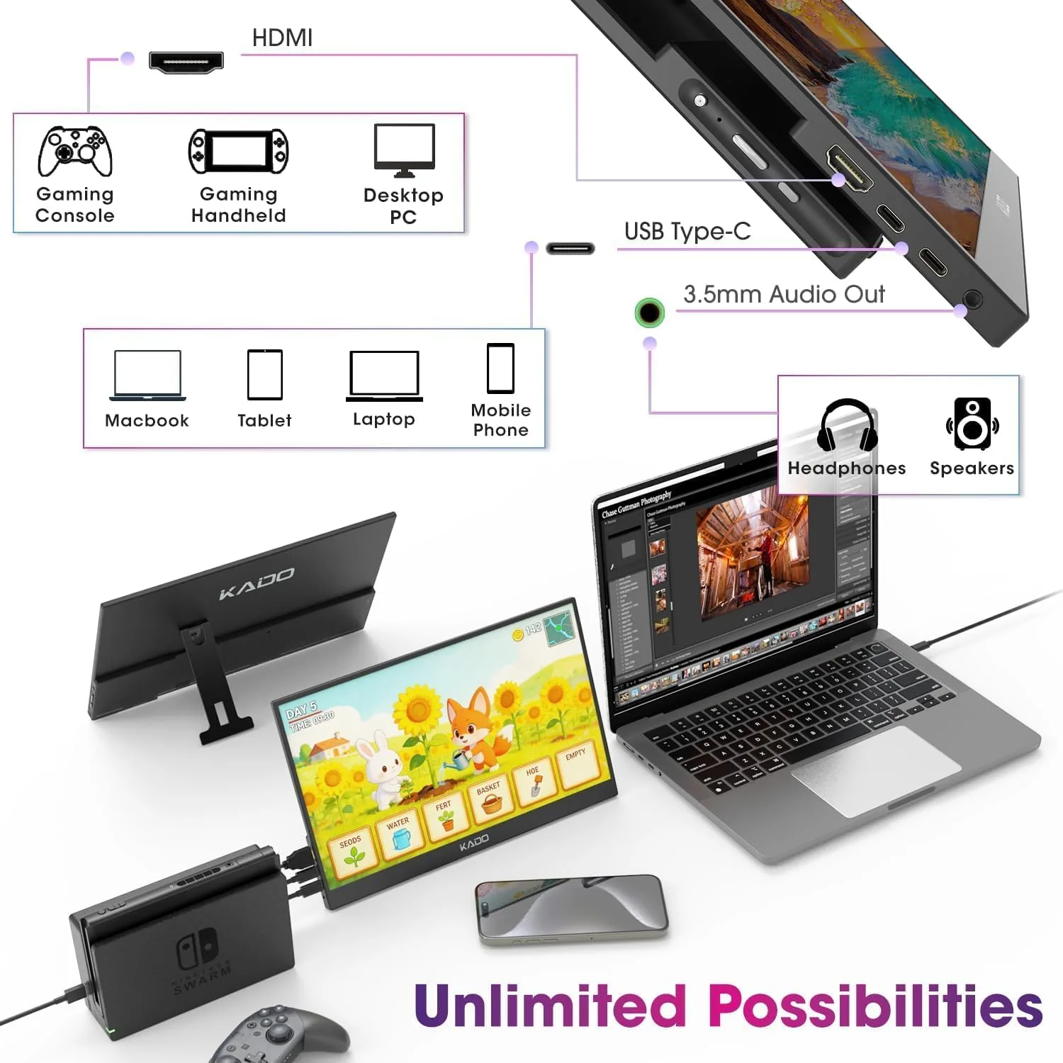 Kado 15.6-Inch Portable Monitor for Laptop FHD 1920x1080 IPS Second Display