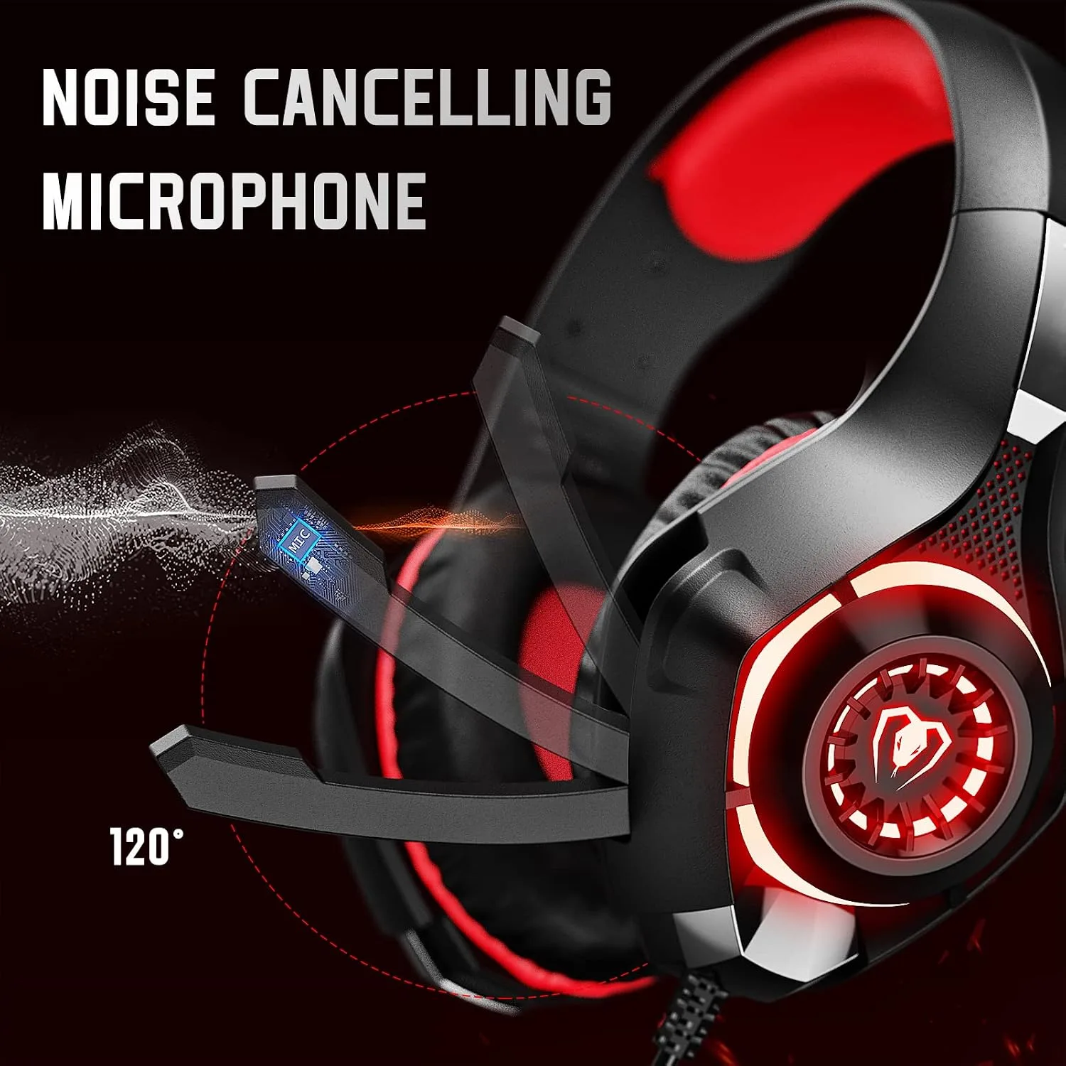 Tatybo Gaming Headset for PS5 PC, Noise Canceling Mic, RGB, Black Red