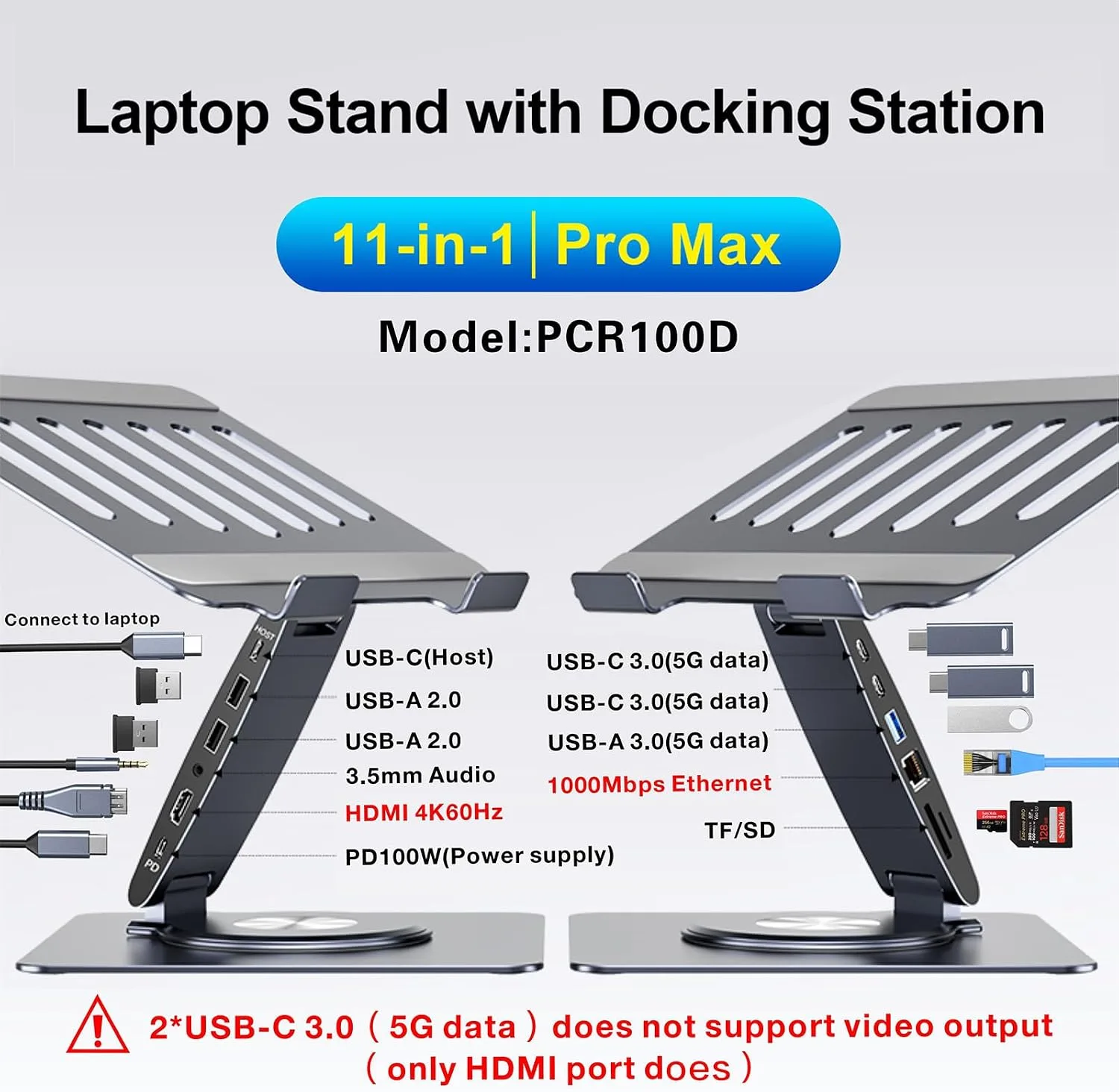 Laptop Docking Station for MacBook Pro/Air/Dell/HP/Surface HC 11-in-1 USB C Hub 360°Rotatable Laptop Stand with USB Hub 4K HDMI USB 3.0 PD100W 3.5mm Audio Jack RJ 45 TF/SD Reader Universal Laptop Dock