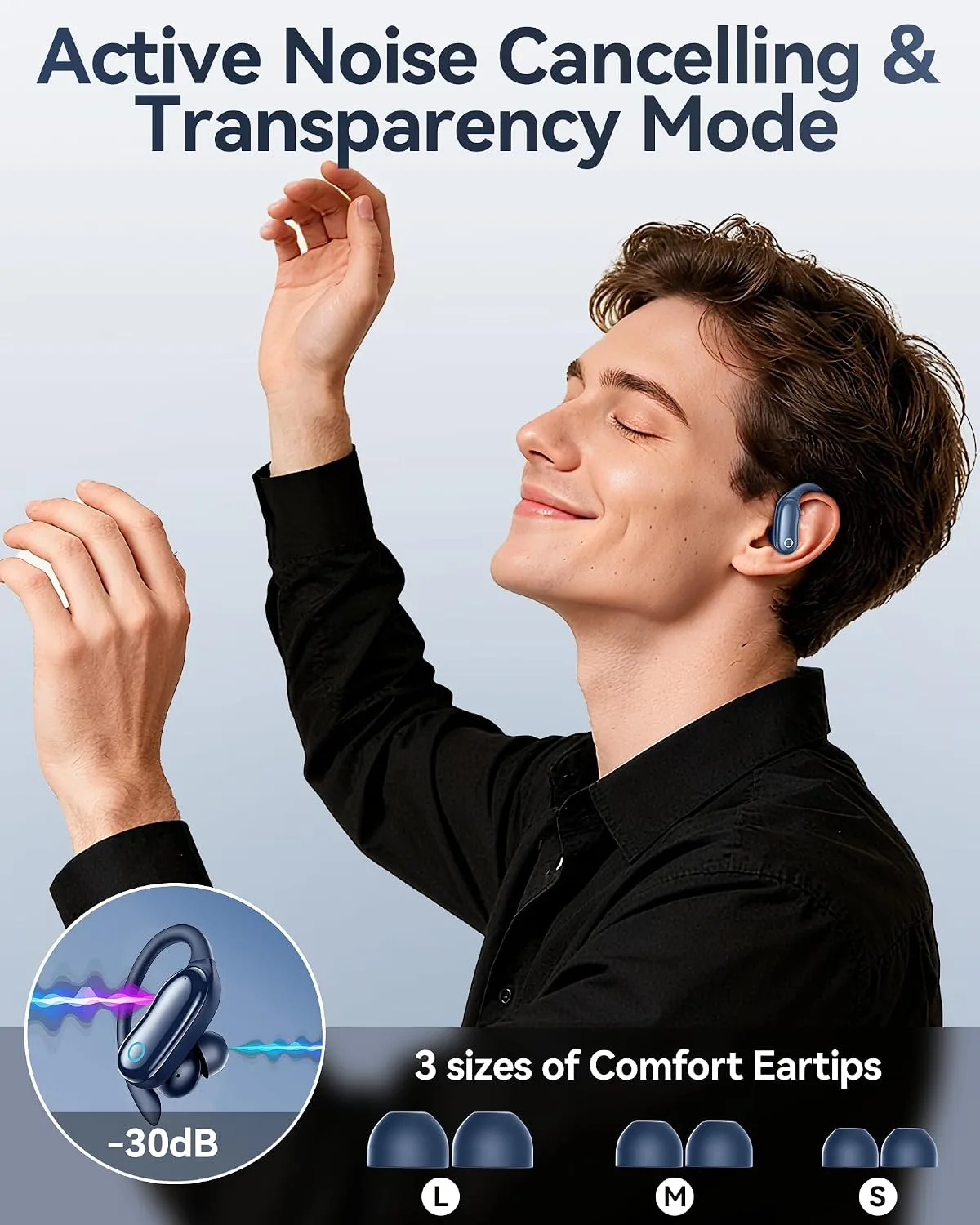 GNMN Active Noise Cancelling Ear Buds Wireless Earbuds 96hrs Playback Bluetooth Headphones Dual Battery Display Stereo Bass Earphones with Earhooks Microphone IPX7 Waterproof for Sports/Runing/Workout