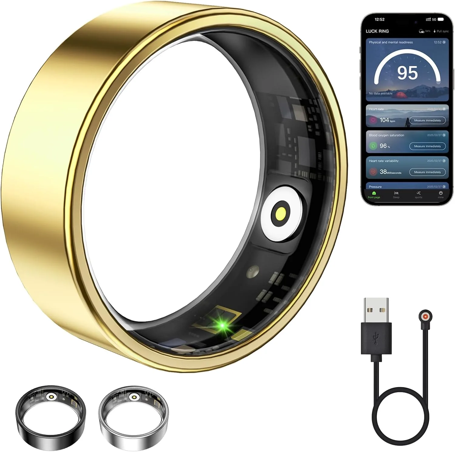 Smart Ring for Women & Men, Fitness Tracker with Heart Rate, Blood Oxygen, Sleep Monitoring, Long-Lasting Battery, IP68 Waterproof, No Subscription Fee (Gold, 7#)
