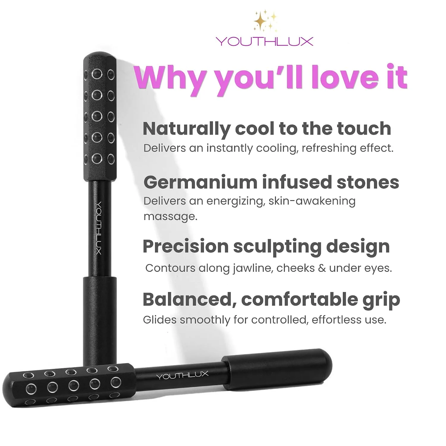 Radiance Roller – Germanium Stone Facial Massage Tool/Wand Face Roller for Lifting, Sculpting, De-Puffing, Glow Boost, Energizing & Cooling Effect (Black)
