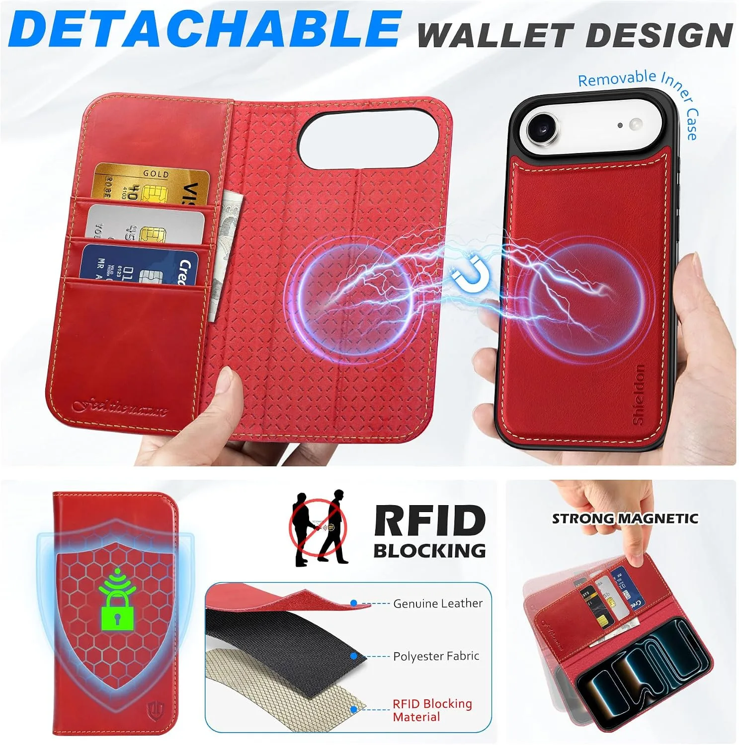 SHIELDON Removable Genuine Leather Wallet Case for iPhone Air, Retro Red