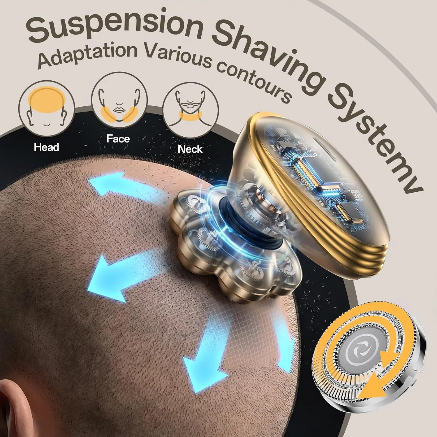5-in-1 Head Shaver for Bald Men – 7D Floating Rotary Shaver,Electric Razor for Men with Magnetic Detachable Heads,IPX7 Wet Dry Waterproof Grooming Kit, Type-C Fast Charge for Travel (Gold)