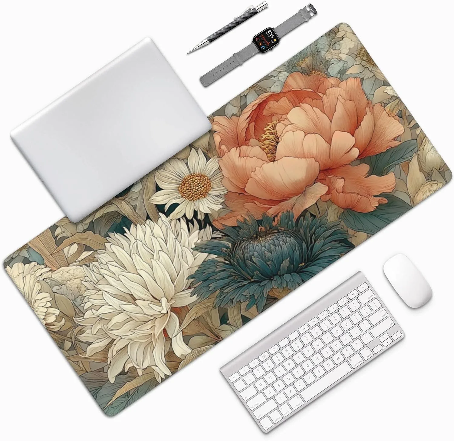 Retro Blossom Boho Floral Large Desk Pad, Anti-Slip Rubber Mouse Pad for Office and School, 35.4" x 15.7"