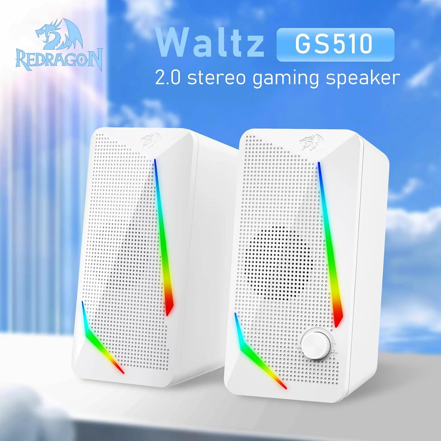 Redragon GS510 RGB Wired Desktop Speakers, 2.0 Channel Stereo Sound, White