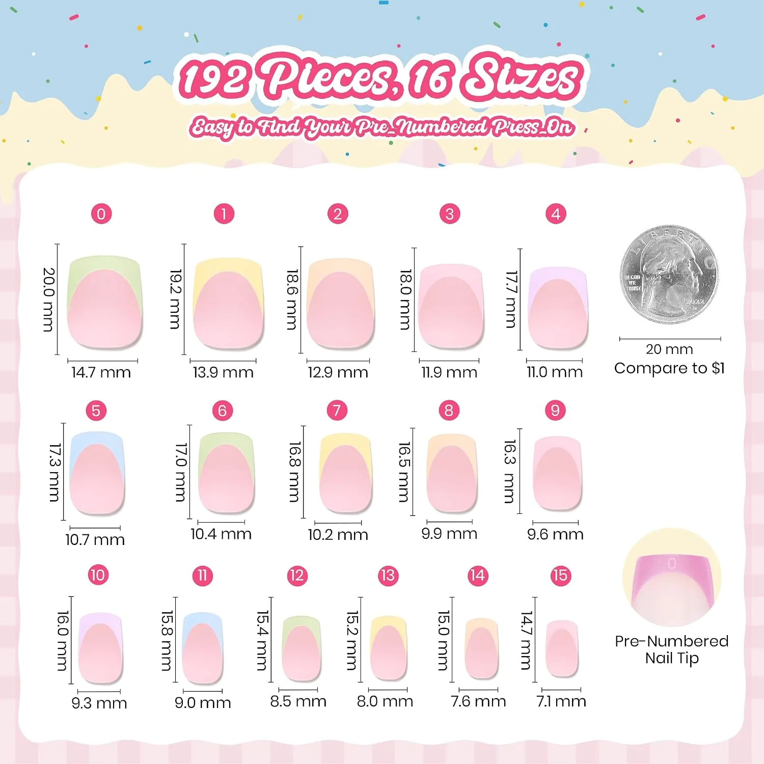 Beetles French Tips Press On Nails Short Square Pastel 6 Colors 192Pcs
