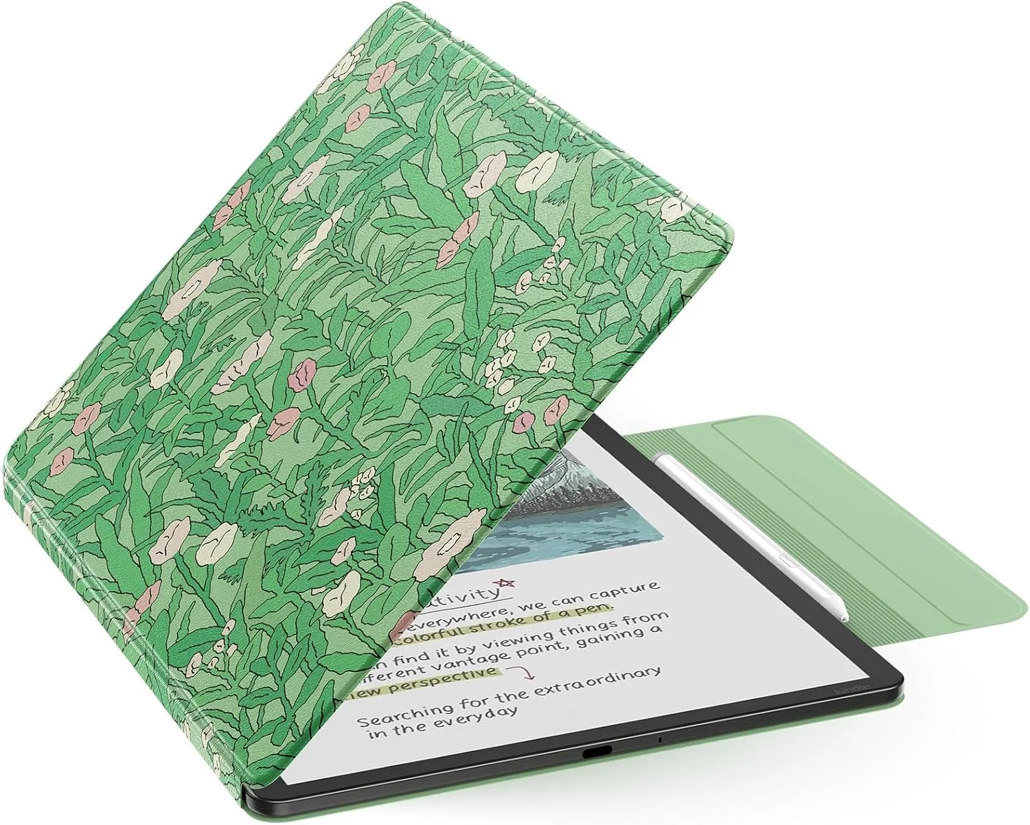 MoKo Magnetic Case for 11" Kindle Scribe 3rd & Colorsoft 1st, Green Flower