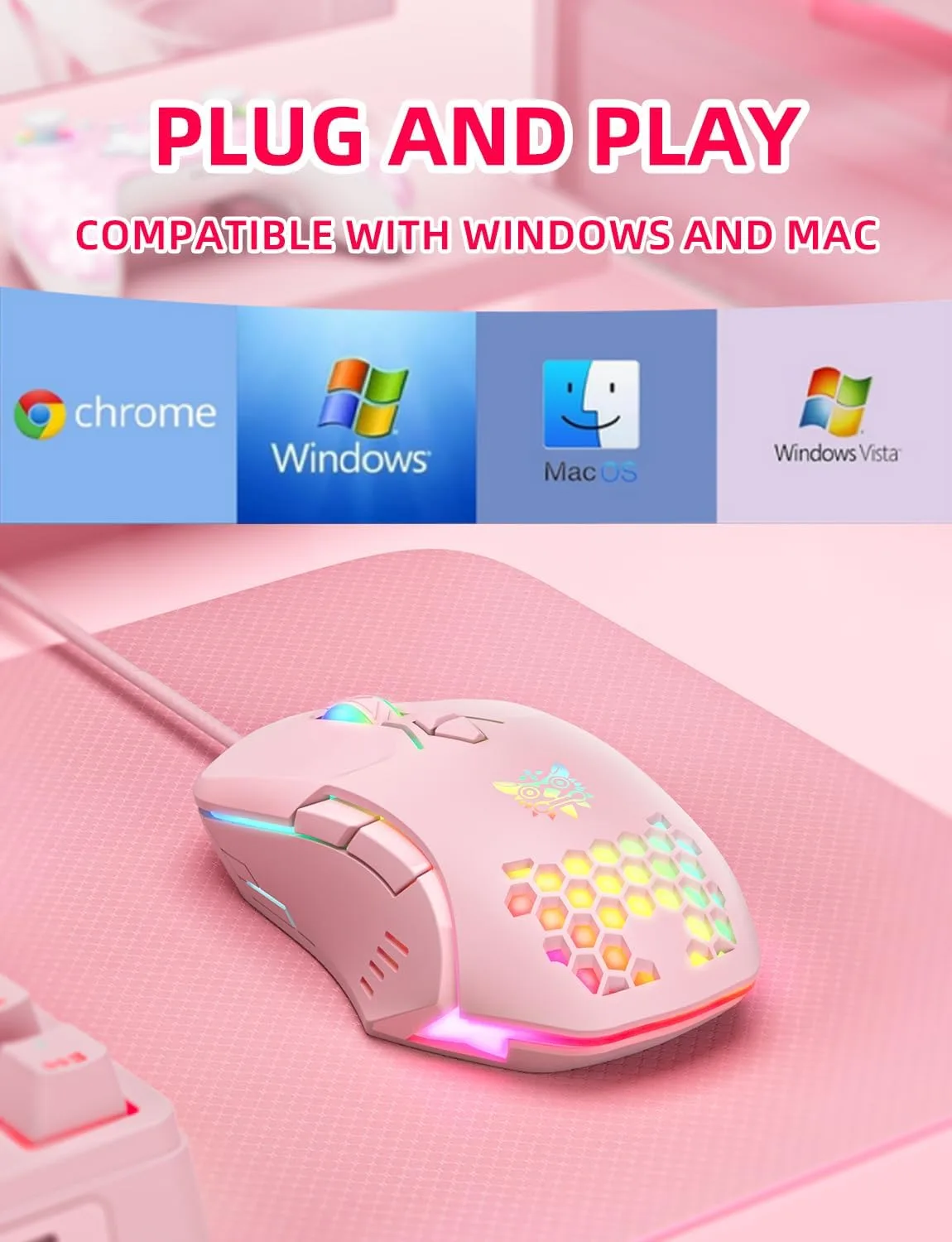 Wired PC Gaming Mouse: High Precision Sensor,RGB Backlit, Adjustable DPI, 7 Buttons Programmable,Ergonomic mice for Office & Gaming on Windows/Mac/Linux/Chrome- Pink