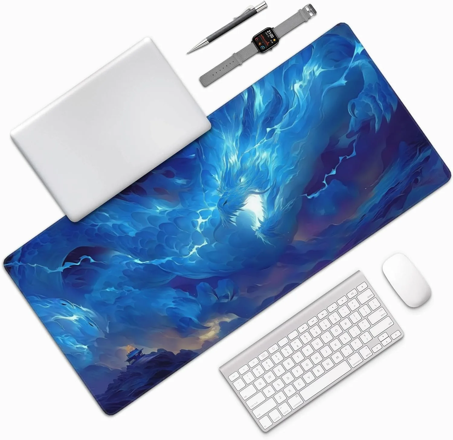 Large Gaming Mouse Pad with Blue Dragon Design, Extended Desk Mat, Non-Slip Rubber Base, 35.4" x 15.7"